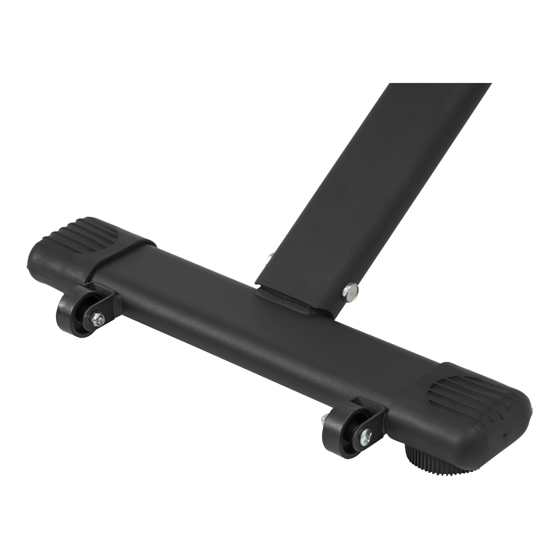 Nærbilde av Kayoba Adjustable treningsbenkens solide svarte metallbase, som viser to hjul og teksturerte endekapsler festet med bolter.