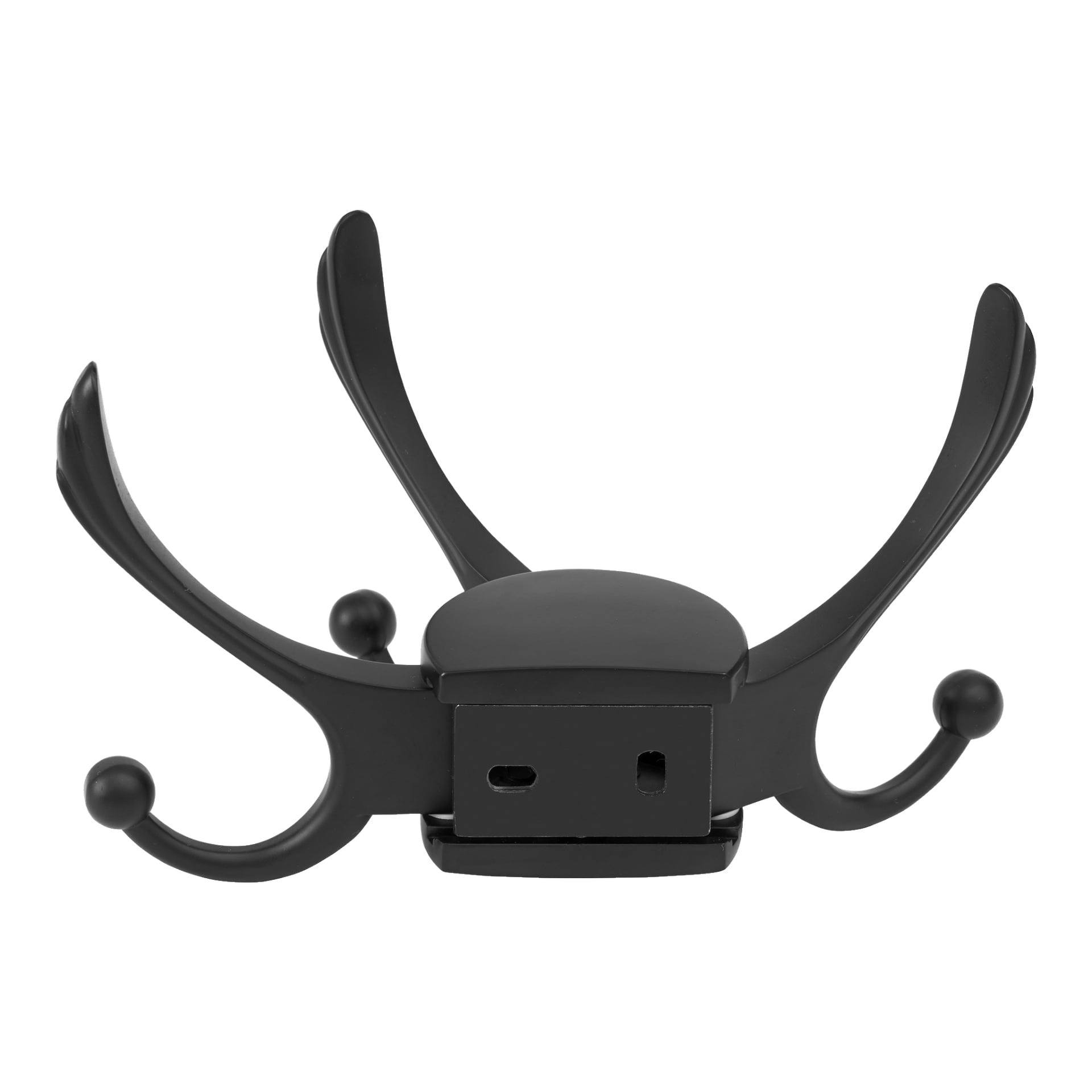 Hard Head Swivel-krokarna har en slank svart väggmonterad struktur med fyra krokar som böjer sig uppåt och två rundade sidokrokar. Alla är fästa vid en plan bas, som har två skruvhål för enkel montering.