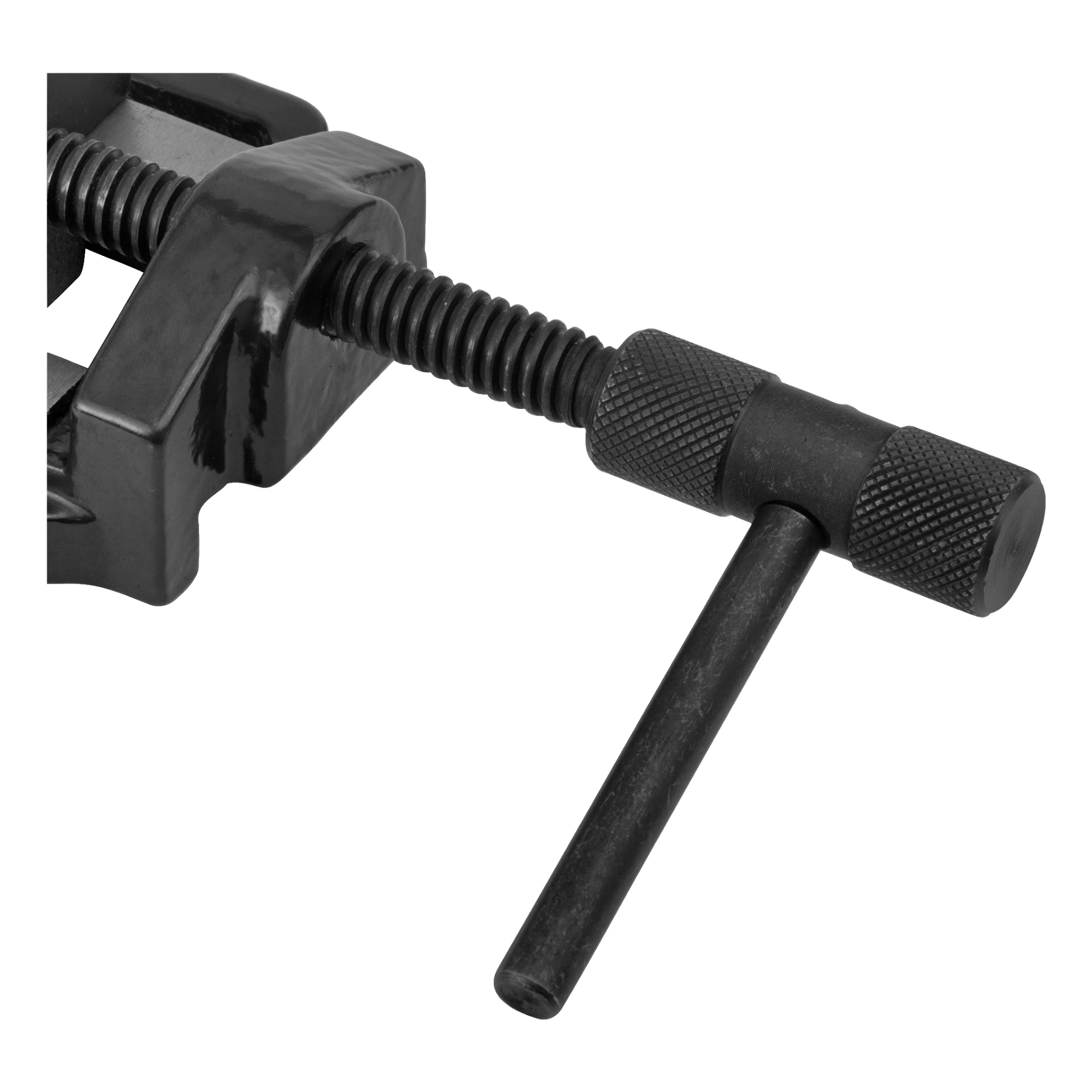 En detaljerad närbild av Meec Tools Machine-skruvstädsstäd visar dess räfflade handtag och gängade skruv, designad för att säkert klämma fast föremål under aktiviteter som sågning, filning eller borrning. Endast en del av det svarta skruvstädet är synligt.