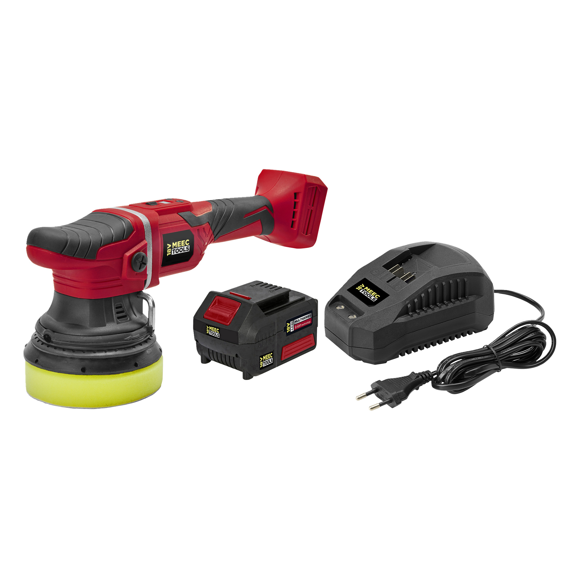 Oscylujący zestaw do polerowania PO-18V HOME 500 od Meec Tools Multiseries, pokazany na czerwono i czarno z żółtą podkładką, jest przedstawiony wraz z odłączaną baterią i czarną ładowarką z kablem zasilającym. Każda część posiada markę Meec Tools.