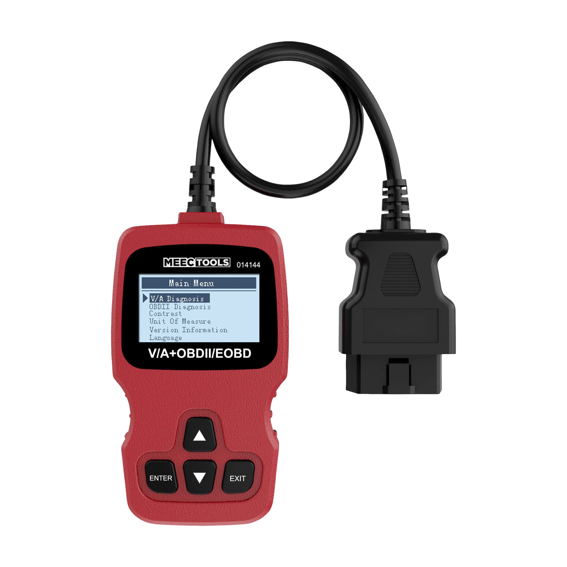 En röd Meec Tools VAG + OBD-II felkodsläsare visar en meny på sin display, utrustad med fyra svarta navigationsknappar och en synlig svart kabel som slutar i en OBD-II-kontakt.