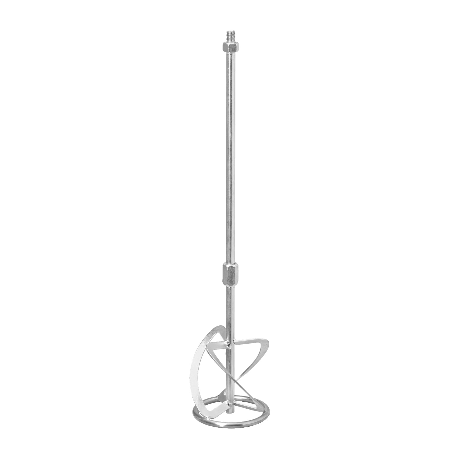 En Meec Tools Mixer-stång av metall, designad med en lång axel som har två hexagonala kontakter för att fästas säkert på en borrmaskin, och ett spiralformat blad i spetsen för att effektivt blanda färg eller andra ämnen.