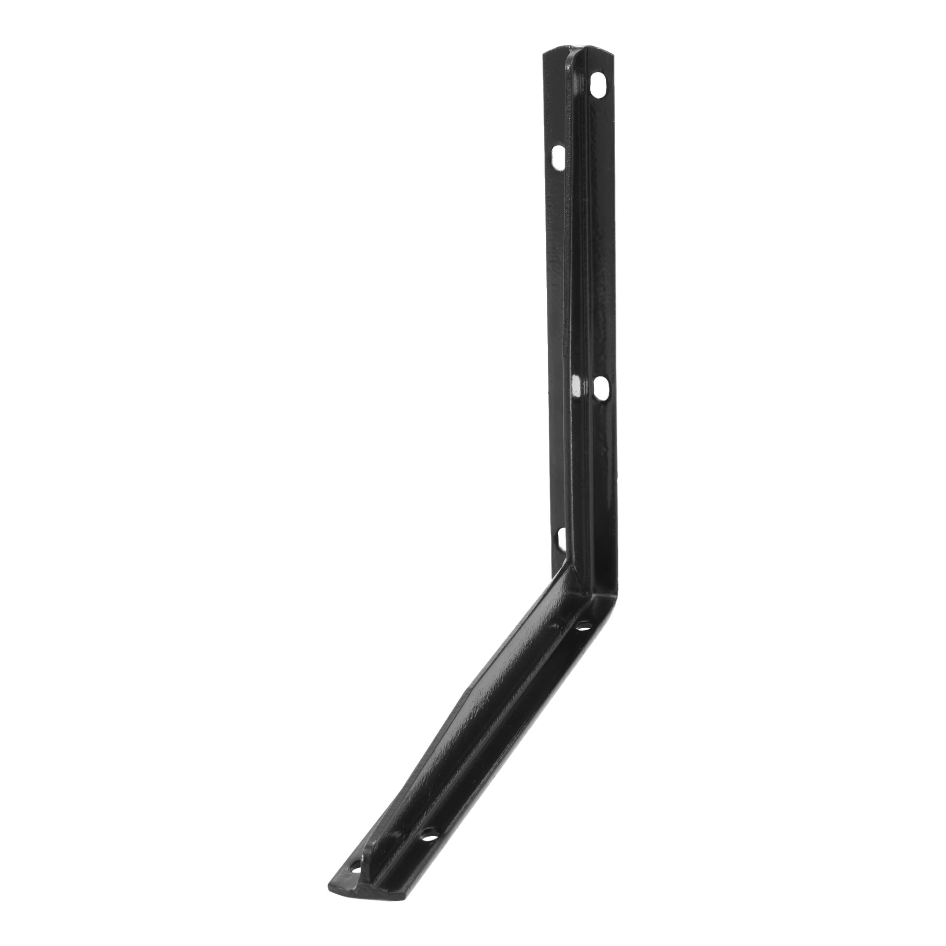 Hard Head Bracket är ett slätt, svart metallfäste i L-format format format med sex hål, tre på varje arm, avsett för montering eller stöd av föremål som hyllor.