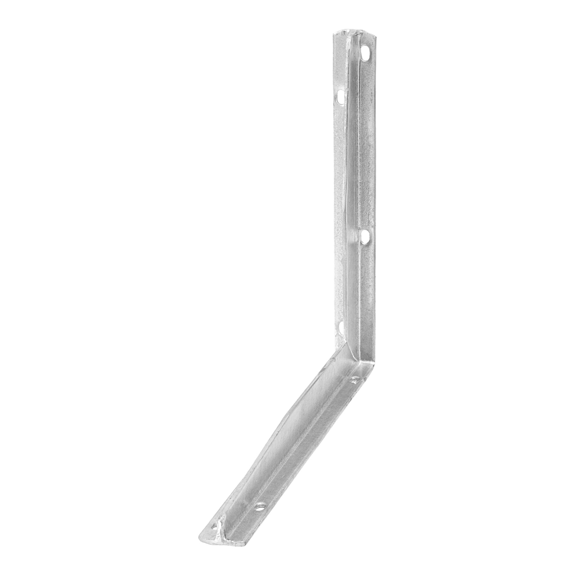 Ett metallfäste kallat Hard Head Bracket, utformat med en rätvinklad böj och sex skruvhål – tre på varje sida – för att säkert montera hyllor på väggen.