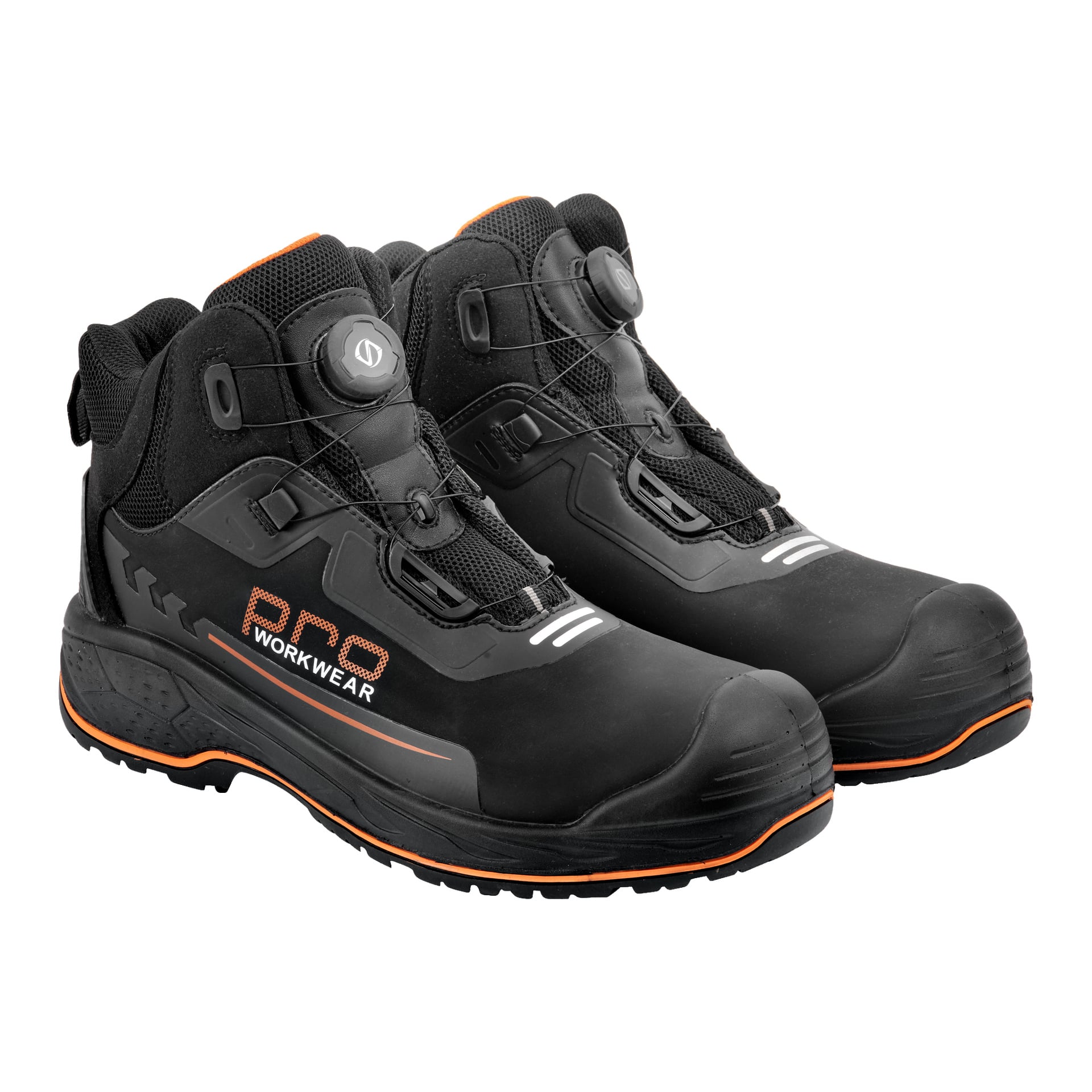 Ein Paar Bluewear Pro Workwear Sicherheitsstiefel in Schwarz, markiert mit "Memphis", mit orangefarbenen Details, verstärkten Zehenkappen, Netzabschnitten für Atmungsaktivität und einem vorderen Geschwindigkeitsschnürsystem.