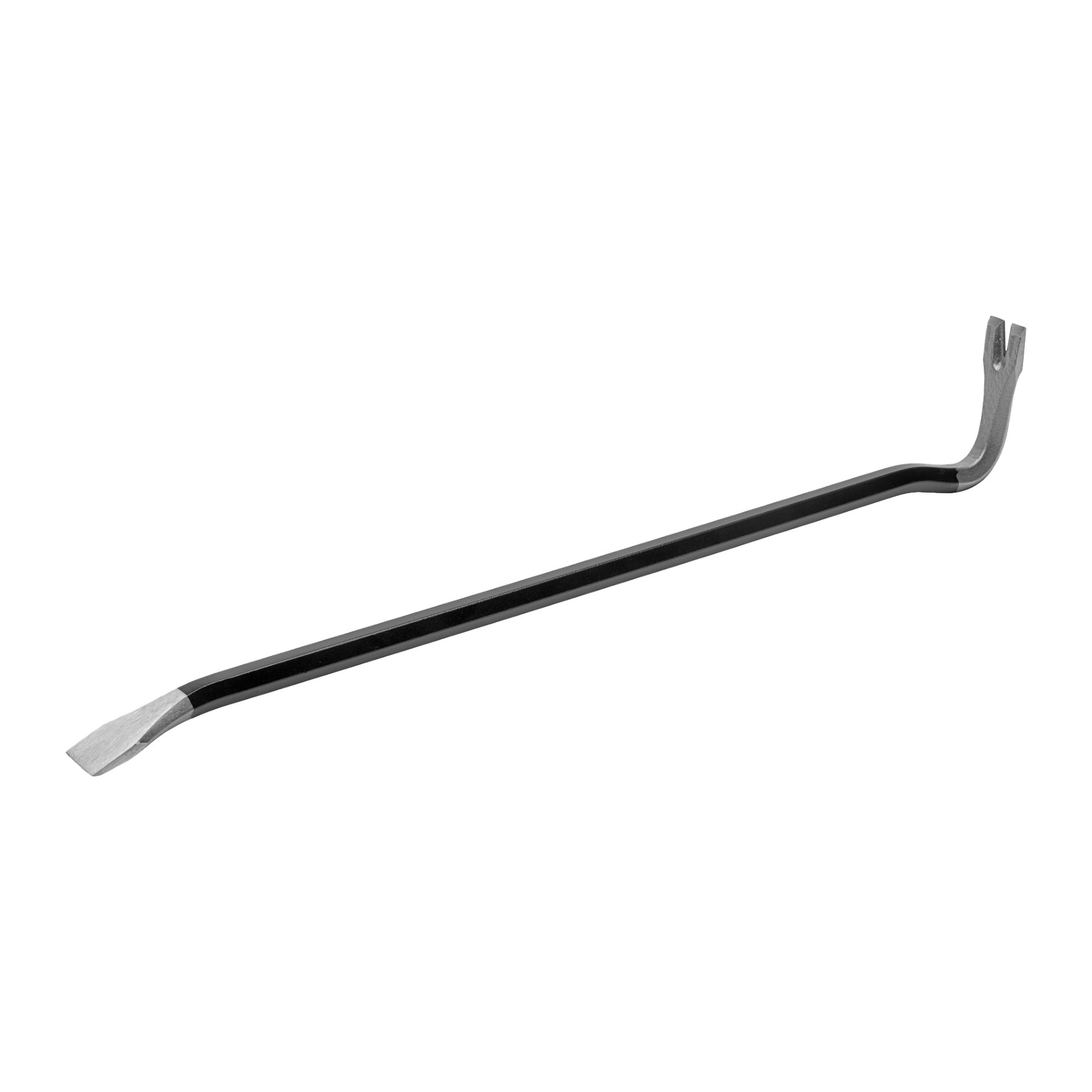 Meec Tools Prowbar är designad med en platt, vinklad spets på ena sidan och en böjd, gaffelspets för nagelborttagning på den andra. Handtaget är rakt och svart.