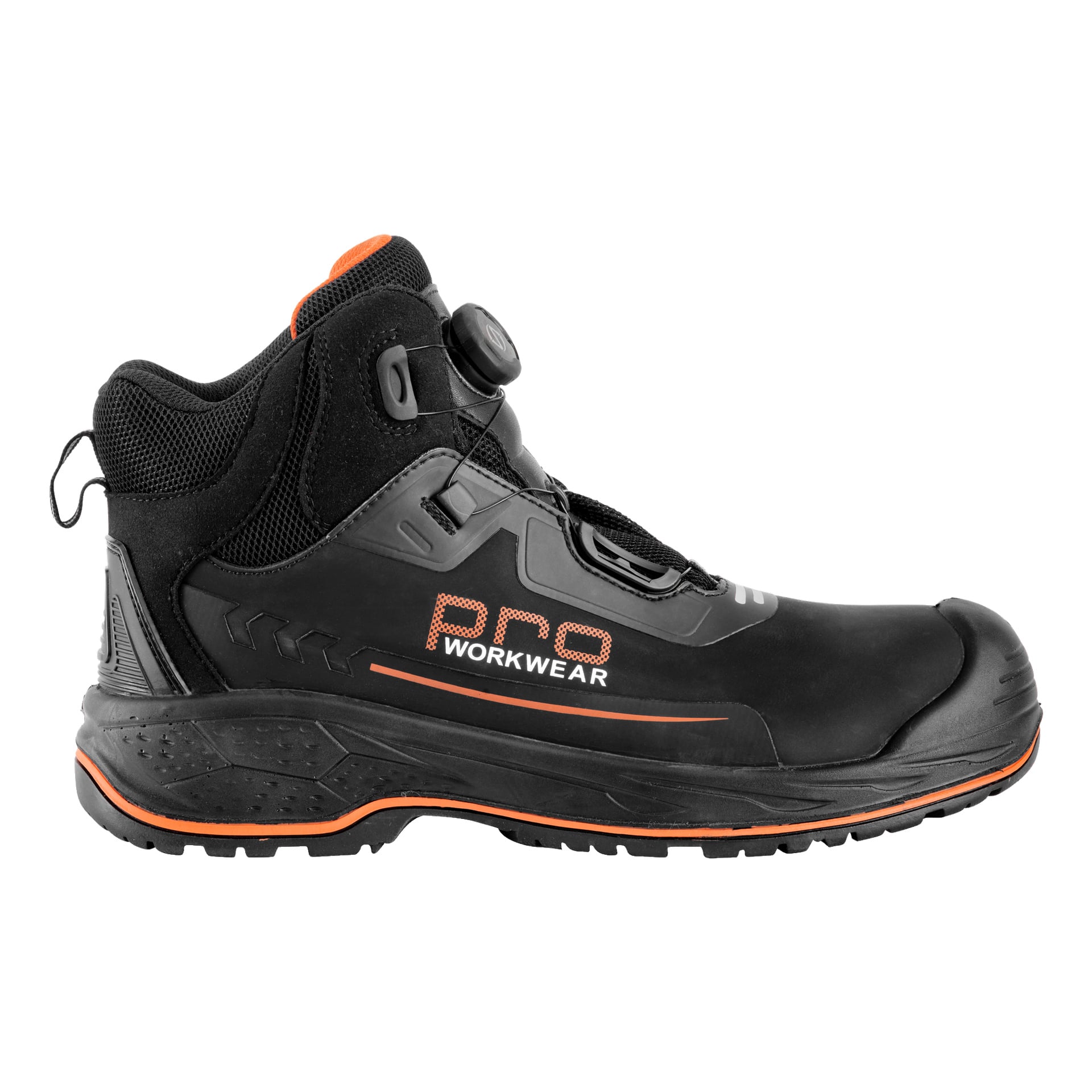 En svart og oransje Bluewear Pro Workwear Safety Boot Memphis med hurtigsnøring, beskyttende tåhette, slitesterk såle, ankelstøtte og et brukervennlig snøresystem.