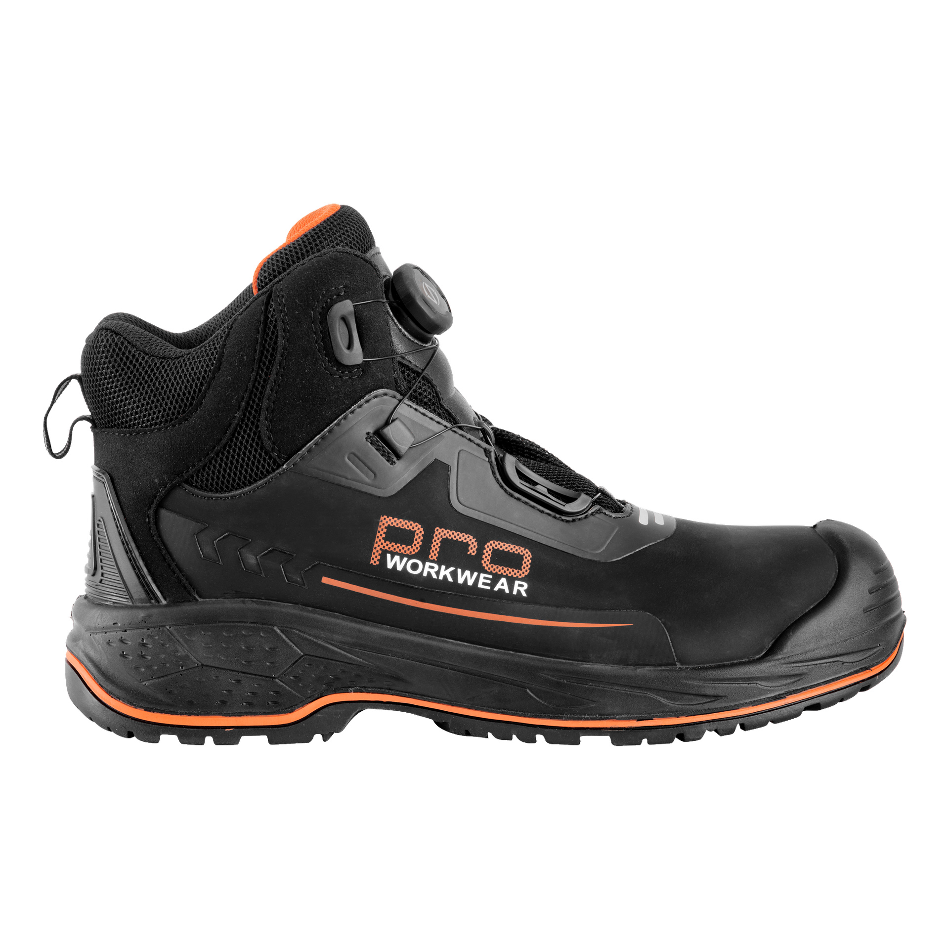Ett par svarta Bluewear Pro Workwear Safety Boots med orange detaljer och en "pro WORKWEAR"-etikett på sidan. Dessa Memphis-stövlar har en stark sula, dämpat fotledsstöd och ett snabbsnörningssystem.