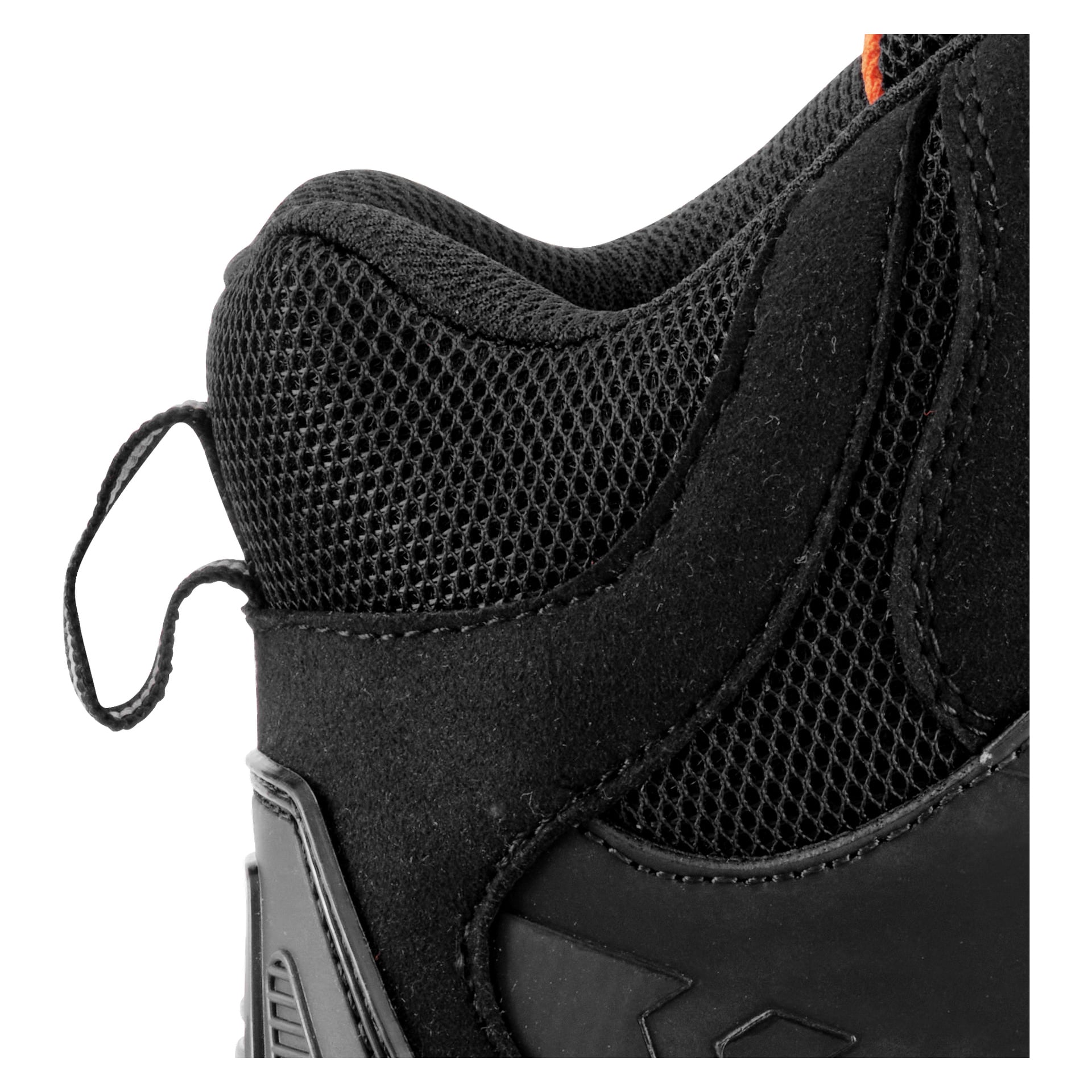 Detaljerad vy av häl och fotled på Bluewear Pro Workwear Safety boots, Memphis-modell, med svarta meshpaneler, mockatexturerat material, orange dragslinga och konturerad plasthälstöd.