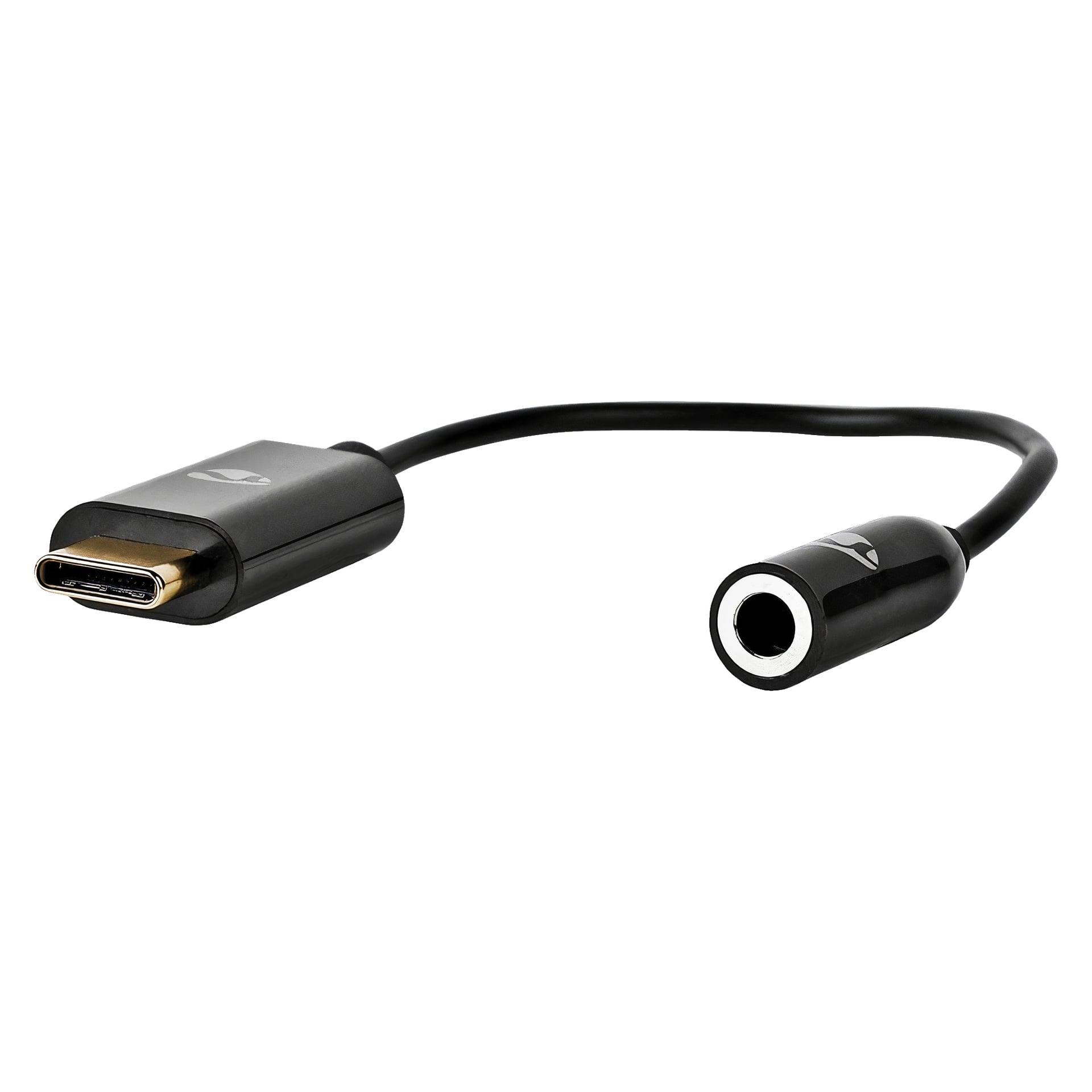 En svart Nedis USB-C till 3,5 mm adapter med guldpläterade kontakter.
