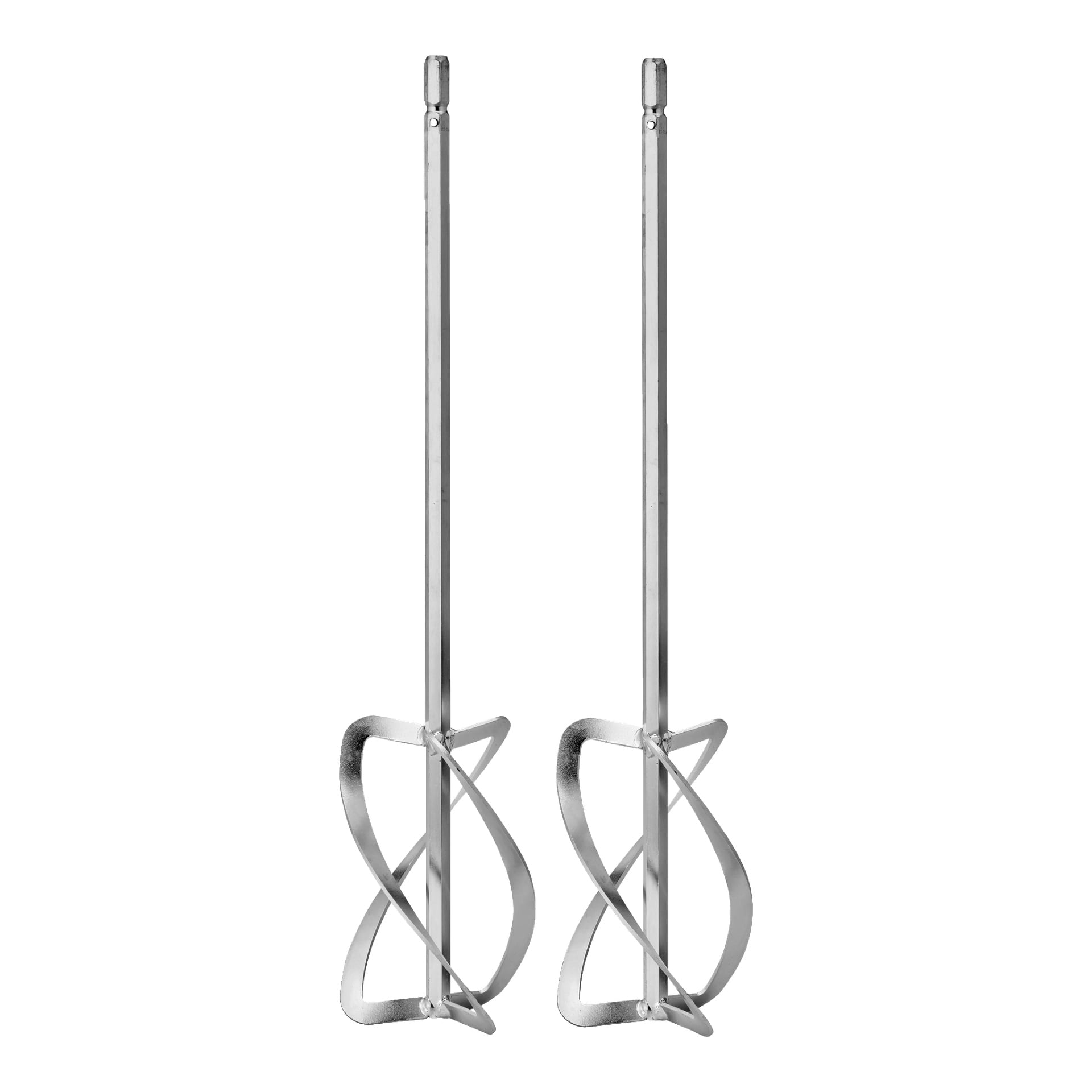 Två identiska Meec Tools-blandningsstavar från en 2-pack, var och en med ett långt skaft och tvinnade trådblad, stående upprätt.