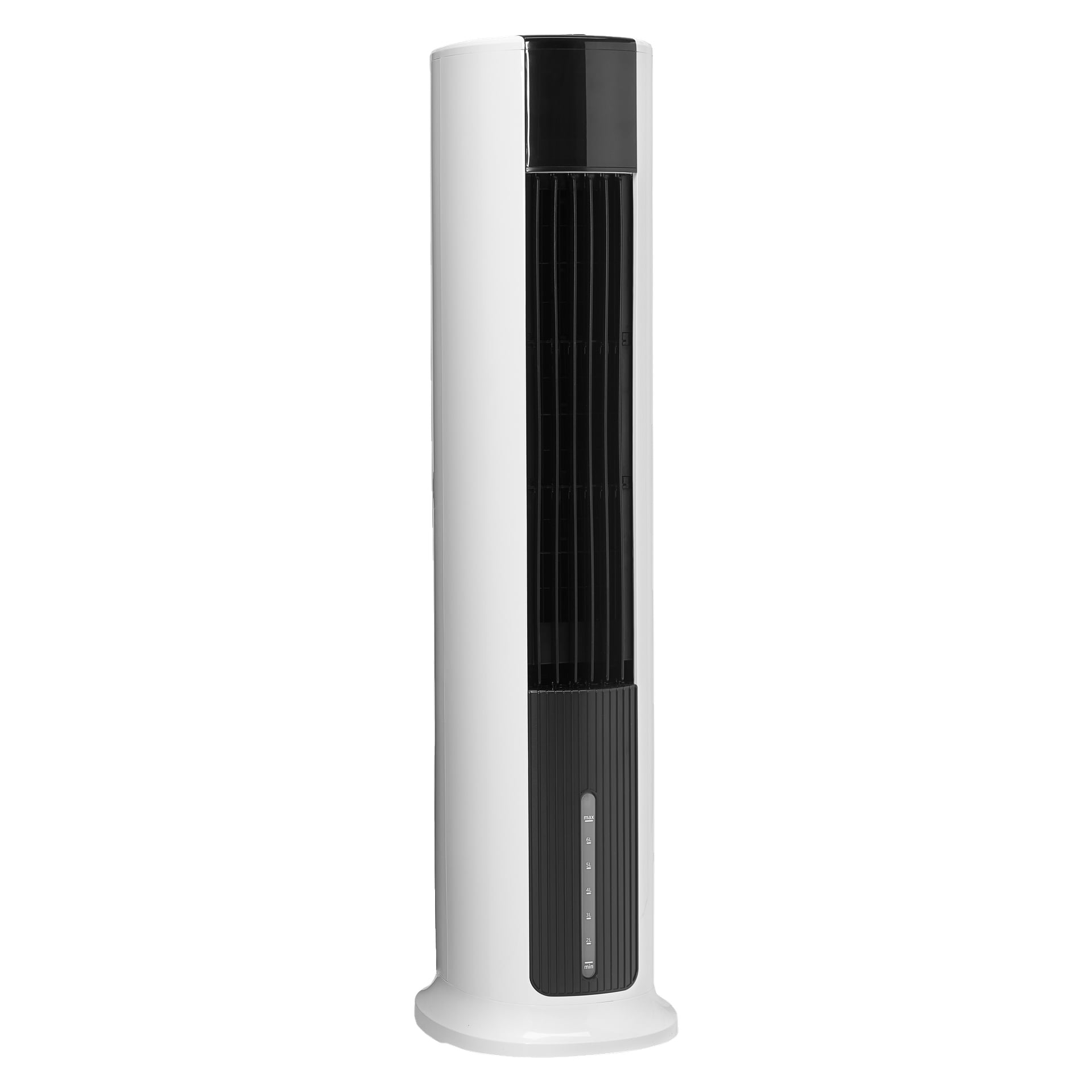 Anslut Air Coolerilla on nykyaikainen ilme: korkea, valkoinen ja musta runko, pystysuorat tuuletusaukot edessä ja pieni ohjauspaneeli etuosan alaosassa.