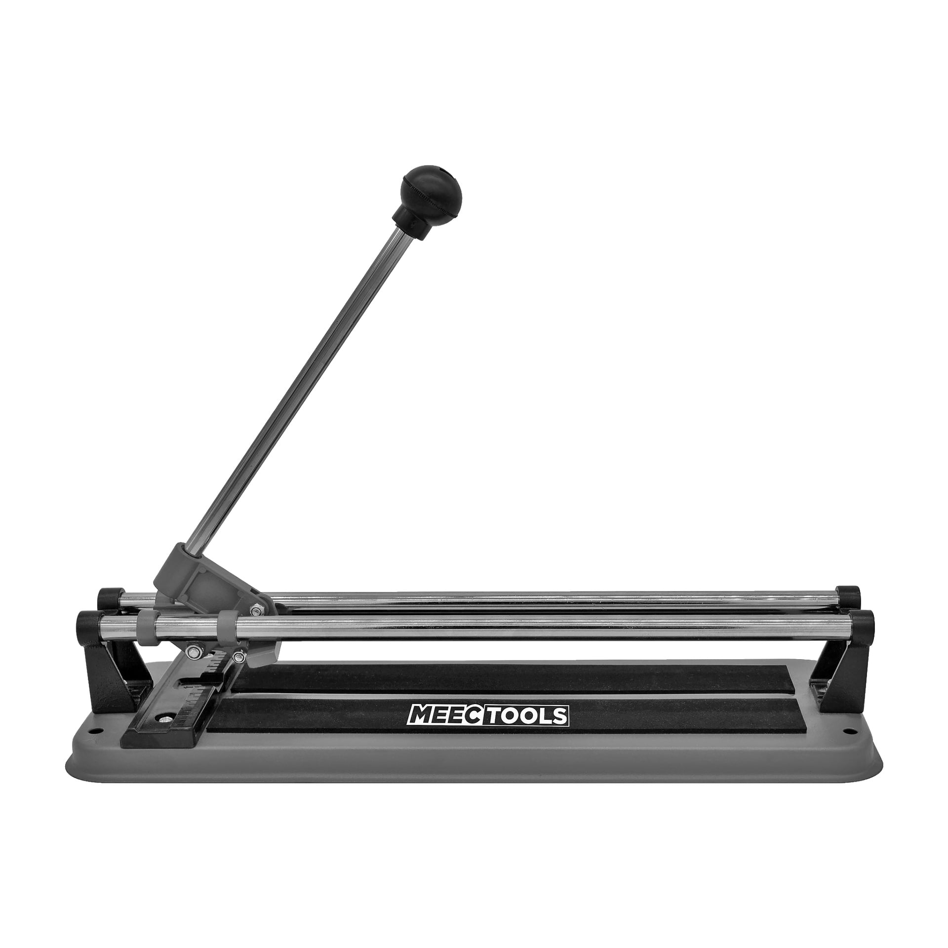 En Meec Tools kakelskärare med långt handtag, metallskärguide och en svart bas märkt med varumärket.