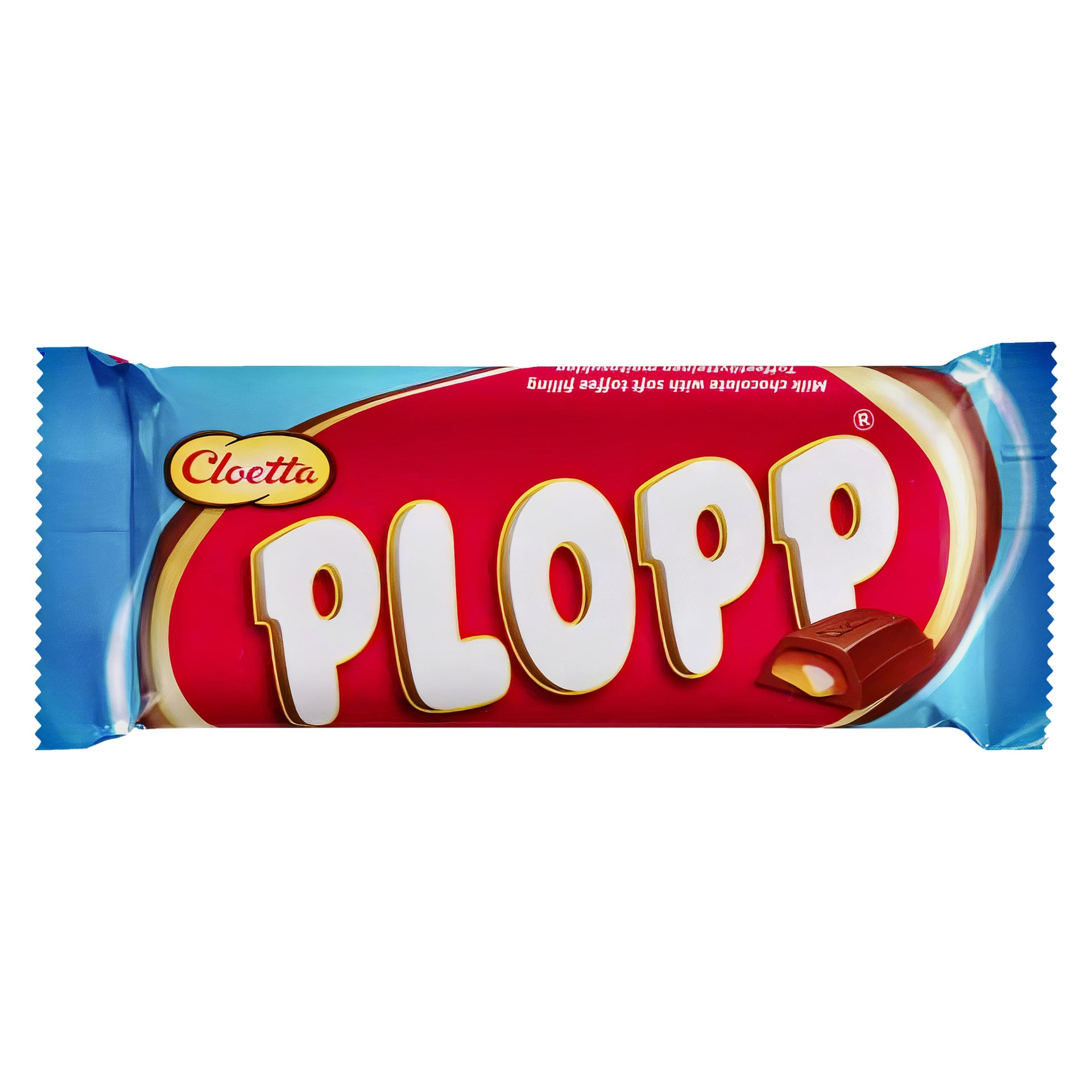 En Cloetta Plopp Original sjokoladebar i en blå og rød innpakning, med ordet "PLOPP" tydelig vist i store hvite bokstaver og et bilde av et sjokoladestykke med kremet fyll på emballasjen.