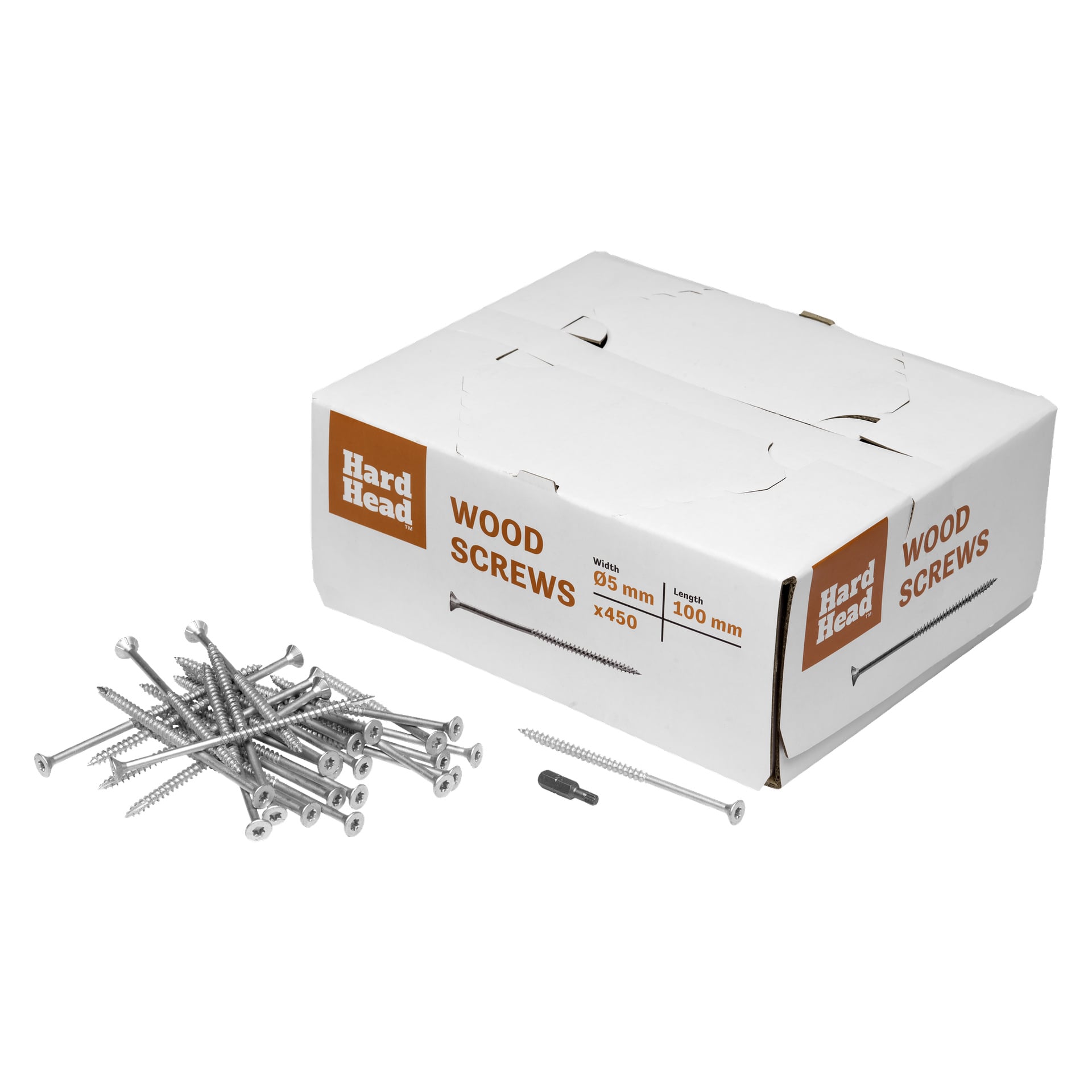 En låda märkt Hard Head Wood Screws är placerad bredvid en hög med metallskruvar och en skruvbits. Lådan anger att den rymmer 450 träskruvar, var och en med måtten 5 mm x 100 mm.