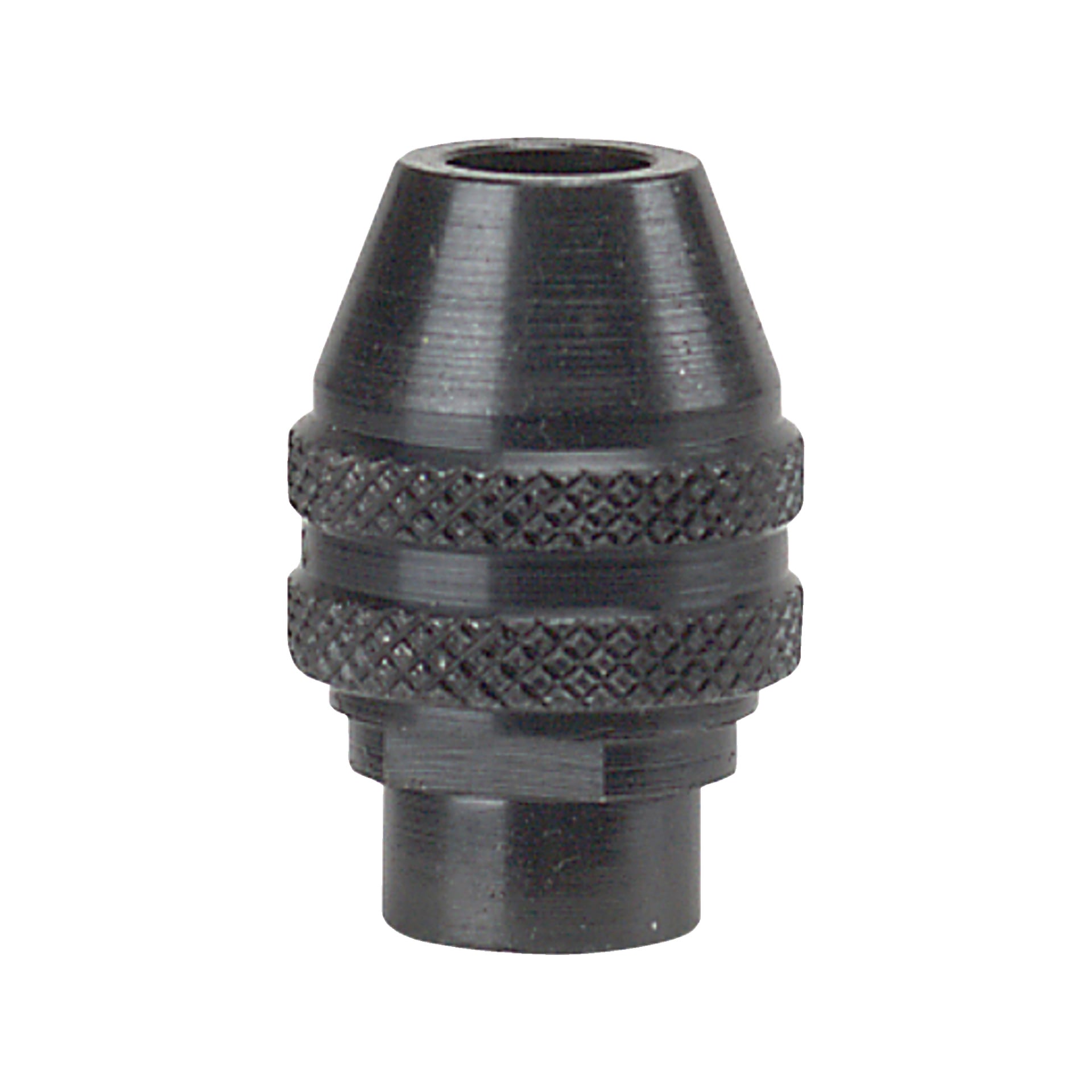 En Dremel Quick chuck 4486 står upprätt och visar sin svarta metallkonstruktion med ett texturerat grepp, en smalare topp och en cylindrisk bas.