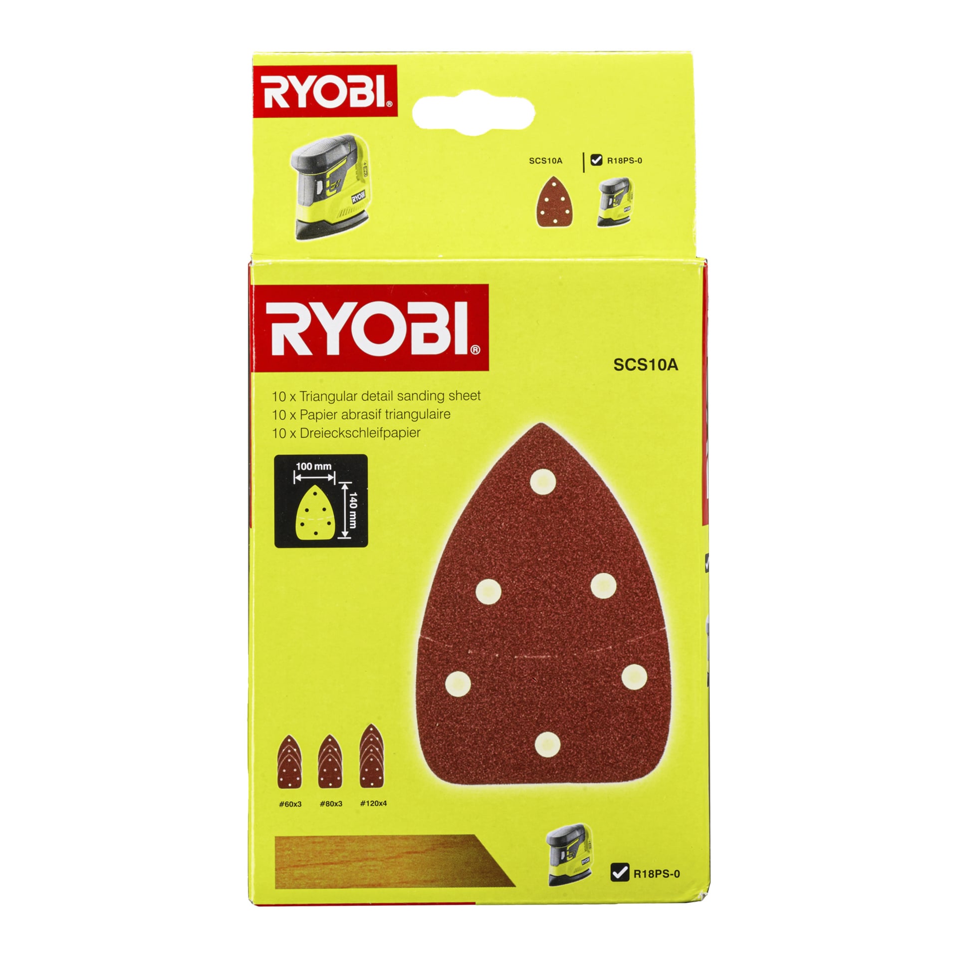 Ryobi One+ Sandpaper Set SCS10A (10 delar) förpackning visar en gul och röd låda med en framträdande triangulär slipplatta med sex hål, produktdetaljer och bilder på kompatibla verktyg.