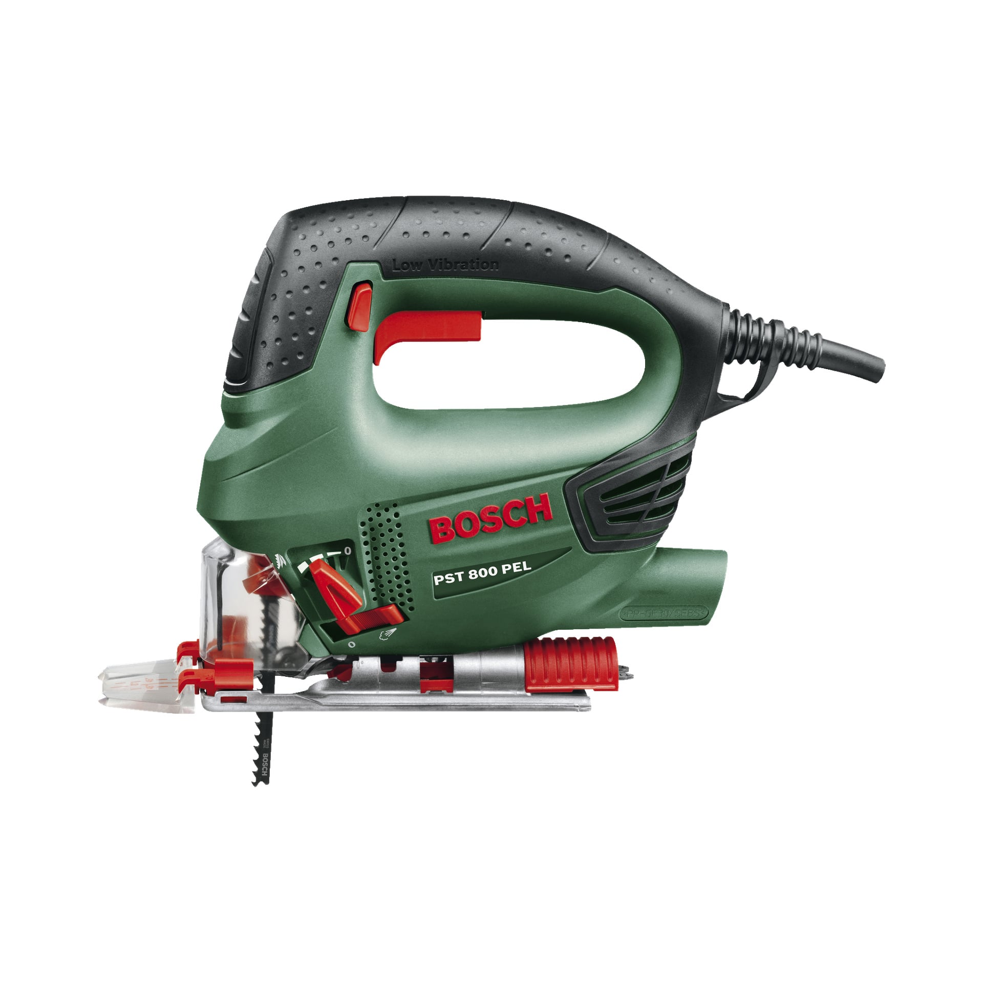 Bosch Jigsaw PST 800 PEL, som visas i grönt och svart med röd avtryckare, har ett transparent bladskydd, en stadig metallbottenplatta och en strömkabel som går ut från handtaget.