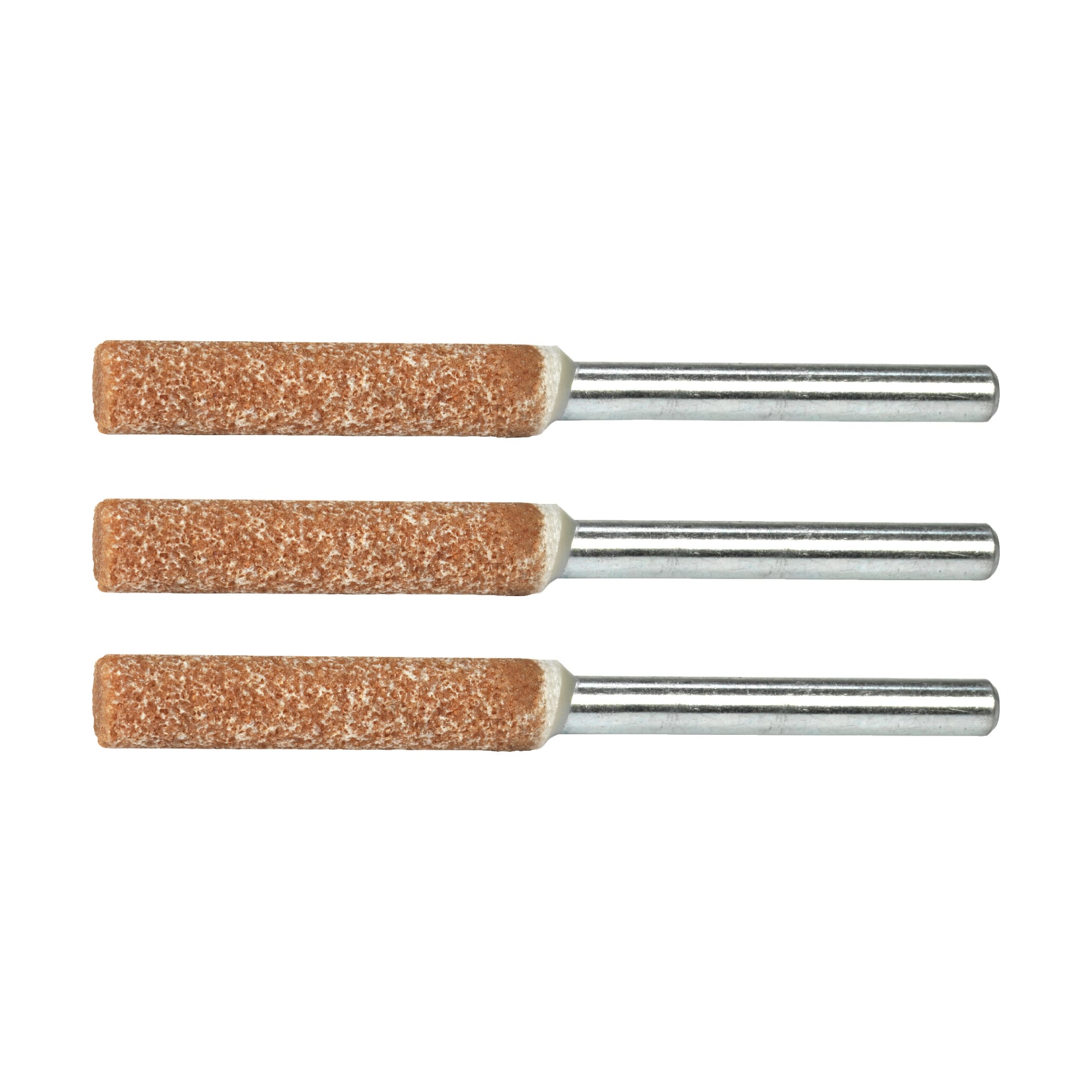 Tre Dremel-slipskivor för sågkedjor, sålda i 3-pack, var och en med orange sliphuvud och silverfärgad metallskaft, är uppradade horisontellt i en rad.
