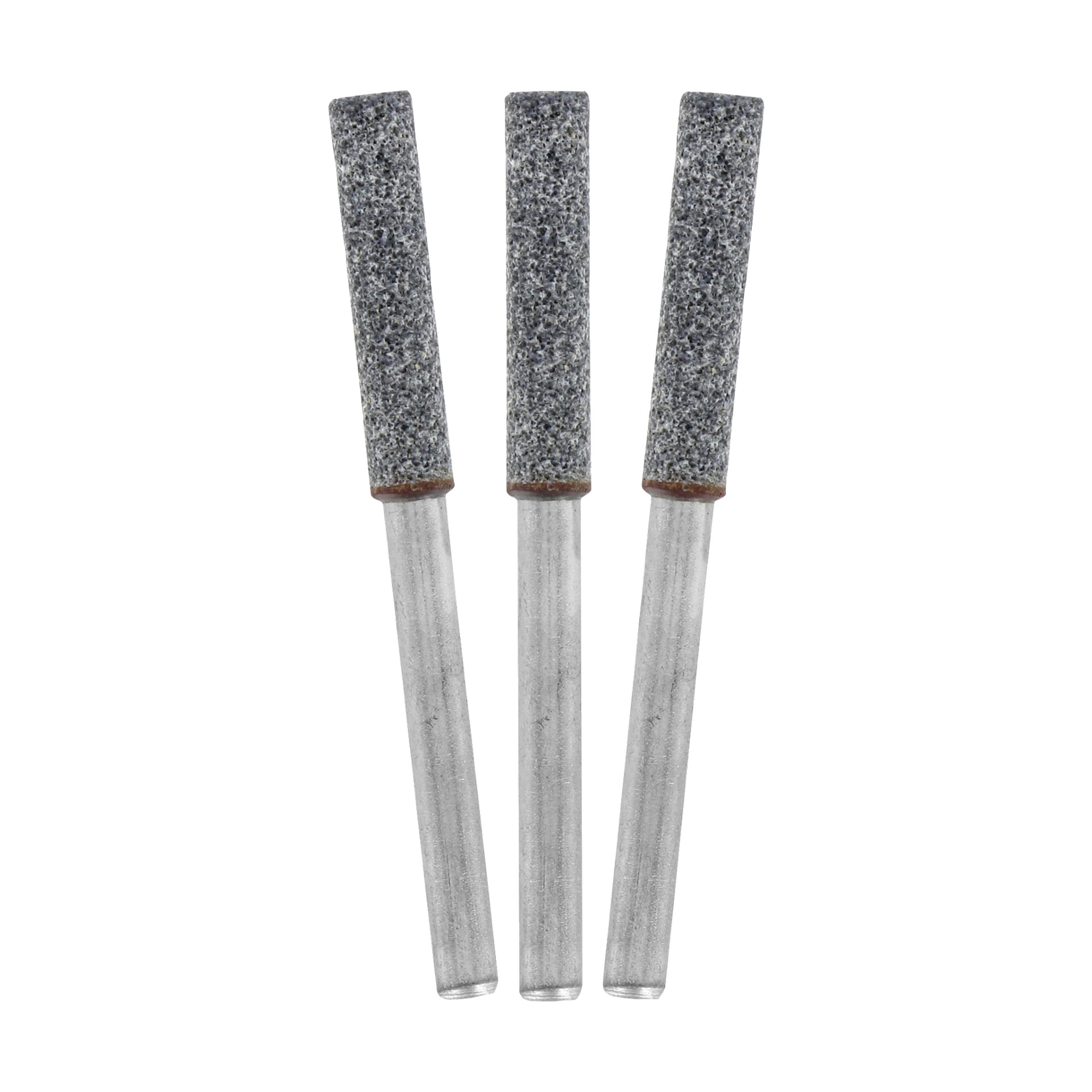 Ett set med tre identiska Dremel-slipskivor för sågkedjor, sålda tillsammans som en 3-pack, var och en med ett grått sliphuvud och genomskinligt handtag, uppställda upprätt i en rad.