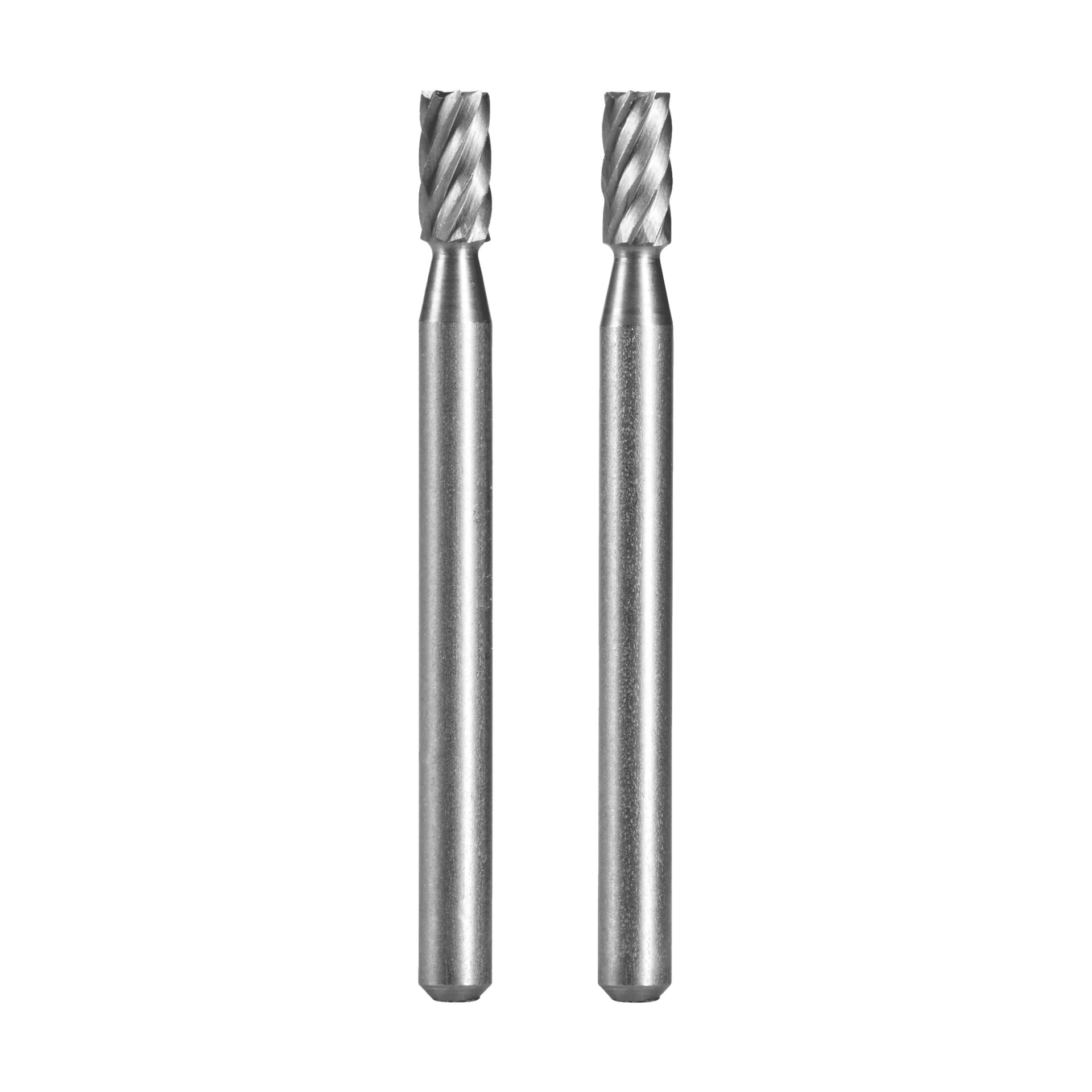 Två identiska Dremel-fräsverktyg HSS 194 står vertikalt sida vid sida. Varje har en cylindrisk axel och ett spiralräfflat skärhuvud upptill, presenterat som en 2-pack.