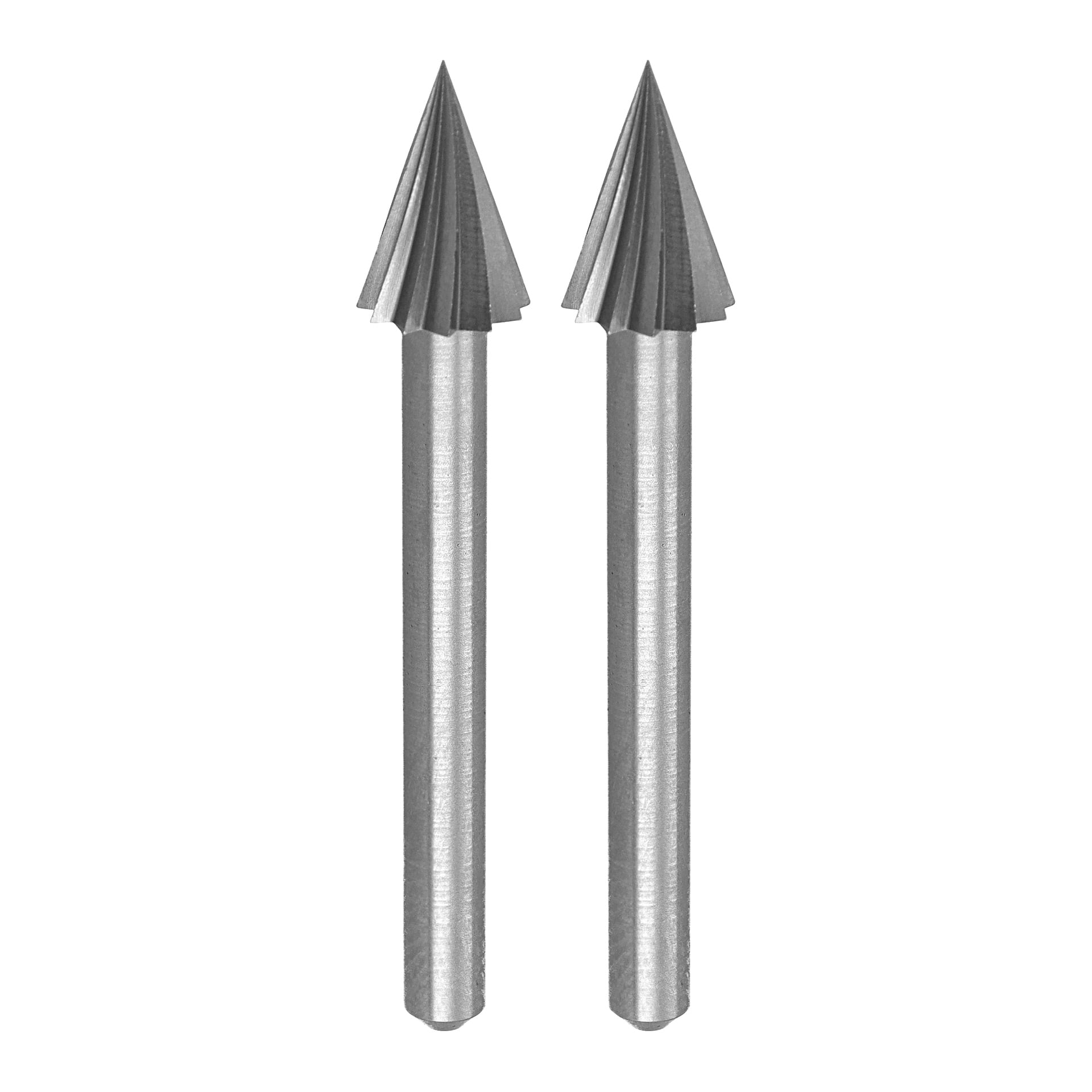 Två identiska Dremel-fräs HSS 125 roterande skärgratar med koniska räfflade spetsar och cylindriska skaft visas.