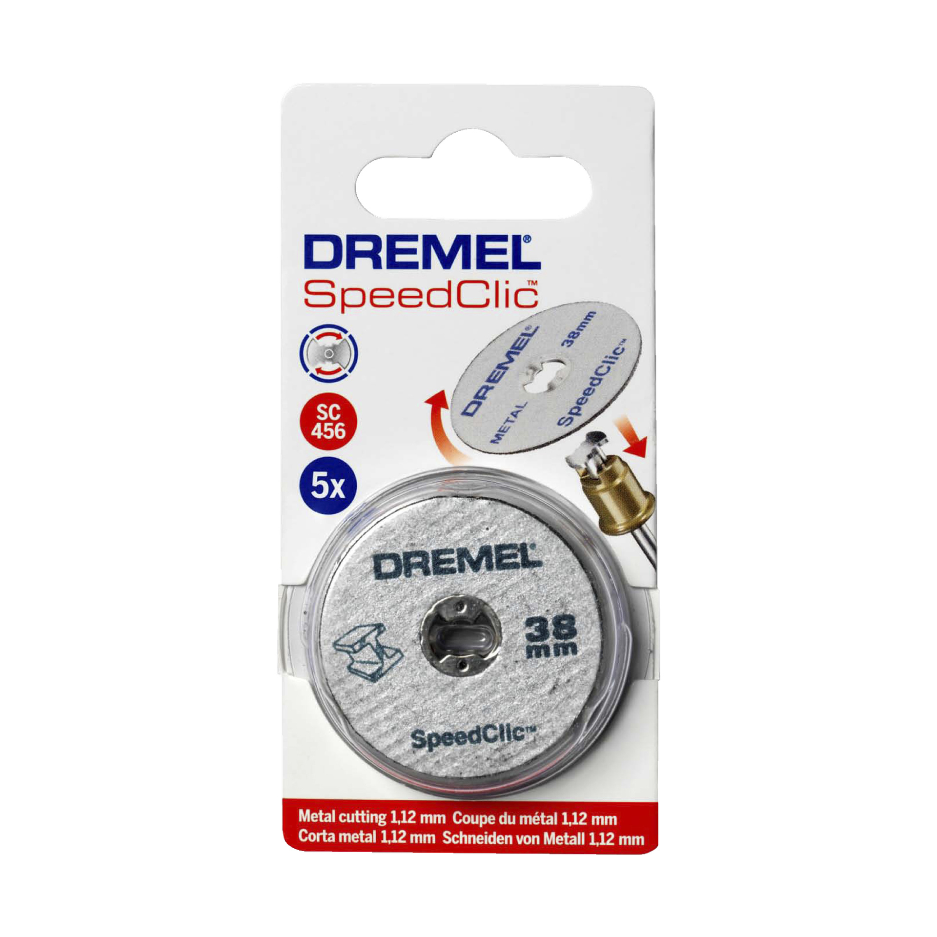 Dremel SC456 SpeedClic skjæreskiver, sett med 5, hver 38 mm i diameter. Disse skivene er pakket for detaljhandel, bruker et hurtigskiftesystem og er designet for å kutte metall opptil 1,12 mm tykt. Inneholder fem plater i pakken.
