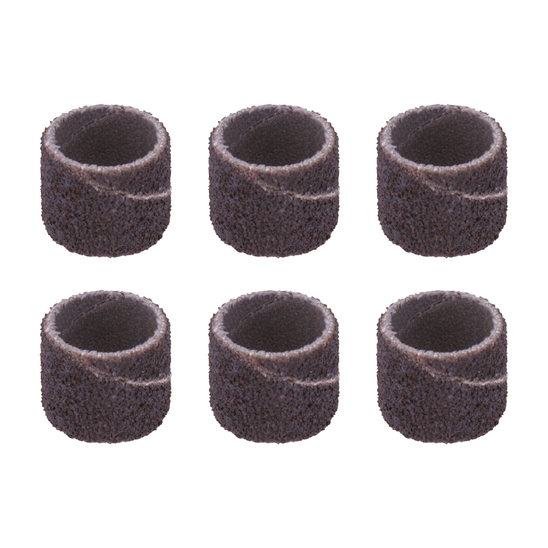 Sex bruna Dremel-slipband från en 6-pack är arrangerade i två rader om tre. Deras grova, grusiga yta tyder på att de är idealiska för slipning eller filning.