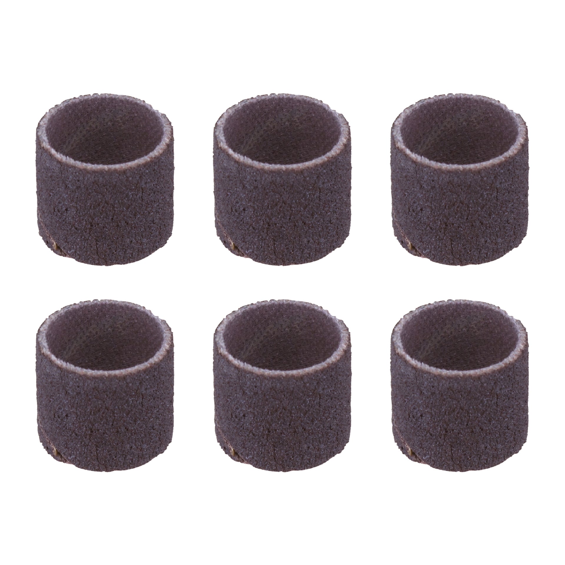 Sex cylindriska slipband från Dremel Sanding Belt 6 Pack visas i två rader om tre. Varje band har en brun slipyta med texturering och en ljusare inre kant.