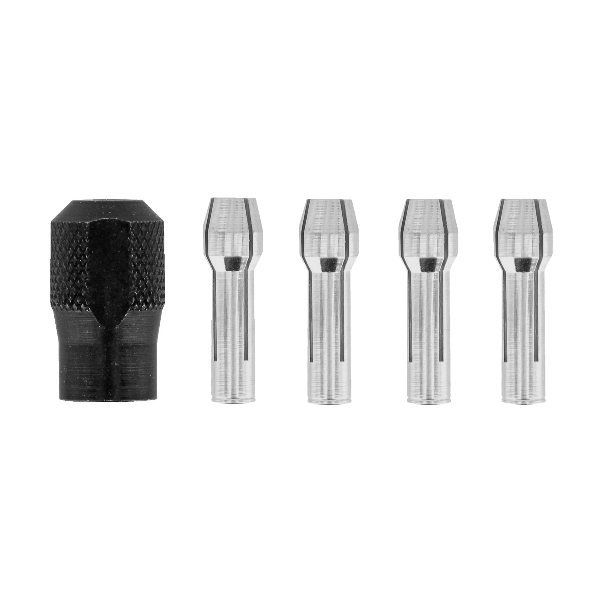 Fem Dremel-collet-set 4485 collets står sida vid sida. Den första spännbanden är svart med ett texturerat grepp, och de återstående fyra är silverfärgade, släta och har två synliga längsgående spår vardera.