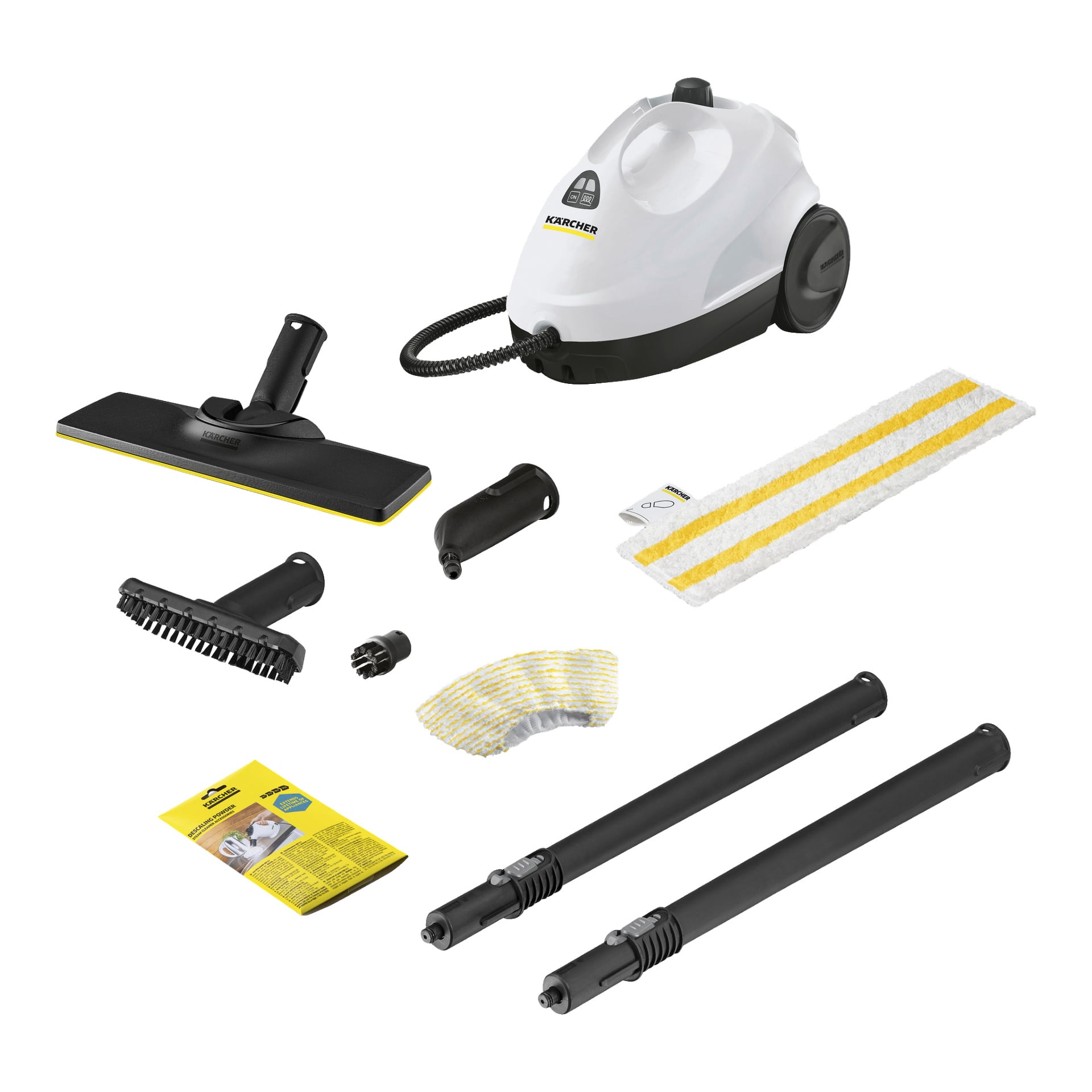 Kärcher Steam Cleaner SC 2 EasyFix 9-delt sett inkluderer en hvit damprenser med svarte hjul, en tilkoblet slange, skjøterør, flere rengjøringsutstyr, en klut, en børste, en pute, en dyse og en bruksanvisning. Komponentene er ordnet i en ordnet oppstilling.