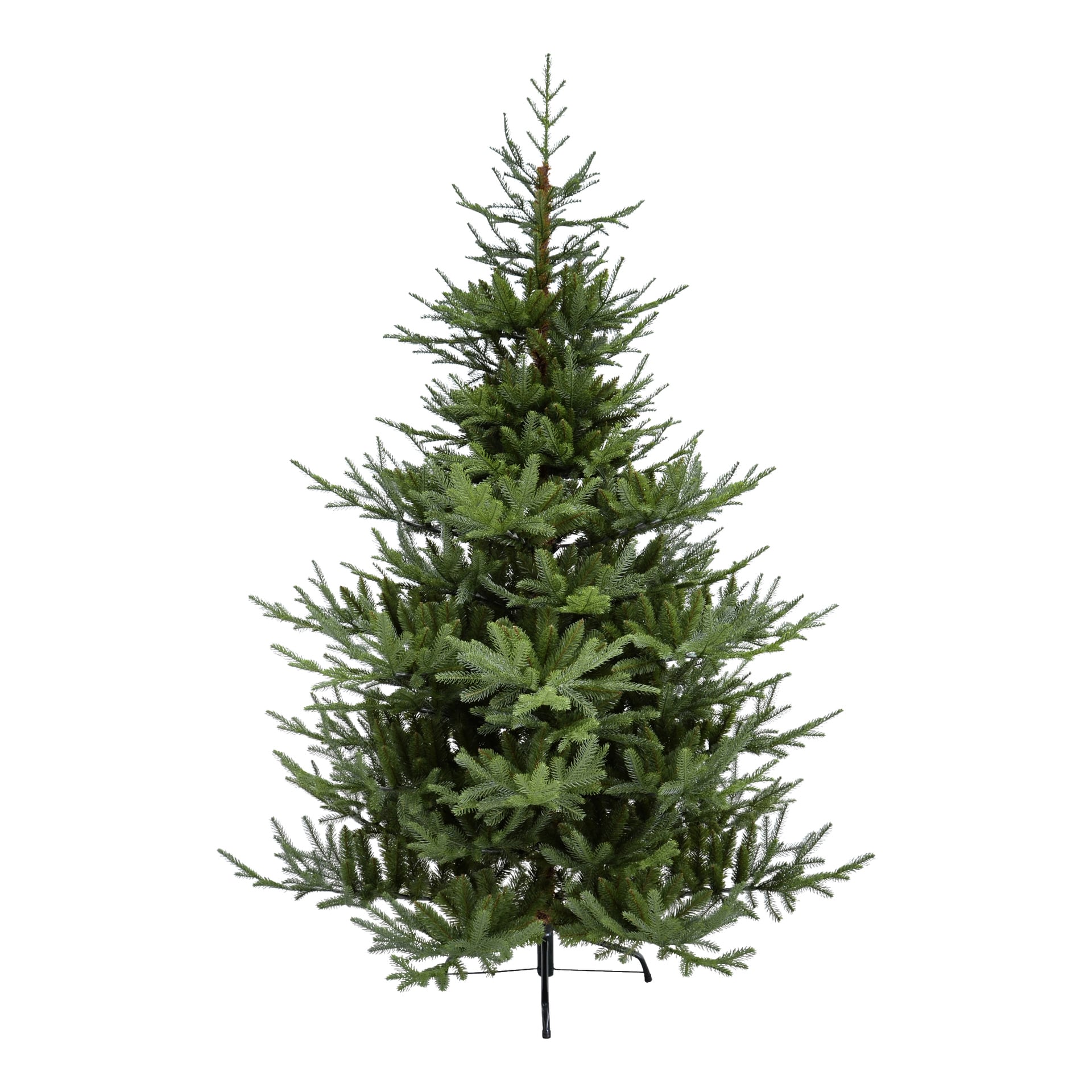 EKVIP Lifelike Christmas Tree har täta gröna grenar och stöds av en robust svart metallbas.
