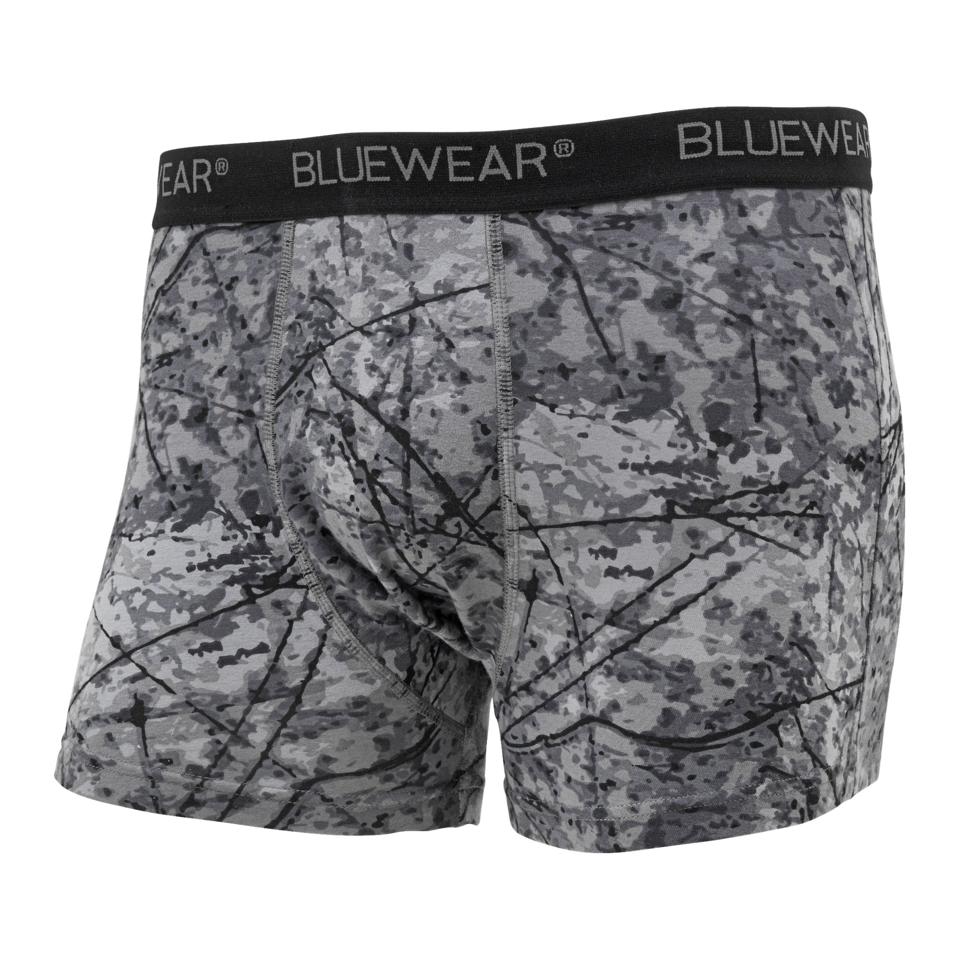 Herrboxershorts från Bluewear, med svart och vit kamouflagedesign och svart midjeband med ordet "BLUEWEAR" i vita bokstäver. Bilden visar plaggets baksida och vänstra sida. Del av ett 3-pack set.