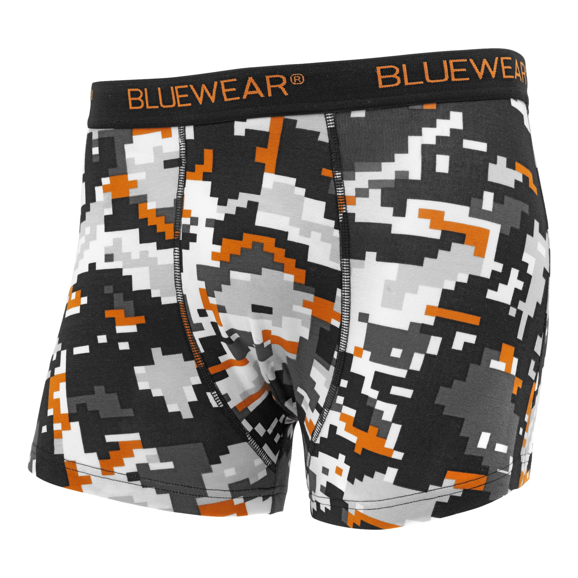 Bluewear boxershorts från en trepack, designade med ett pixelliknande mönster i svart, vitt, grått och orange. Midjebandet är svart med "BLUEWEAR" markerad i orange bokstäver. Tyget ser stretchigt ut och sitter tätt mot kroppen.
