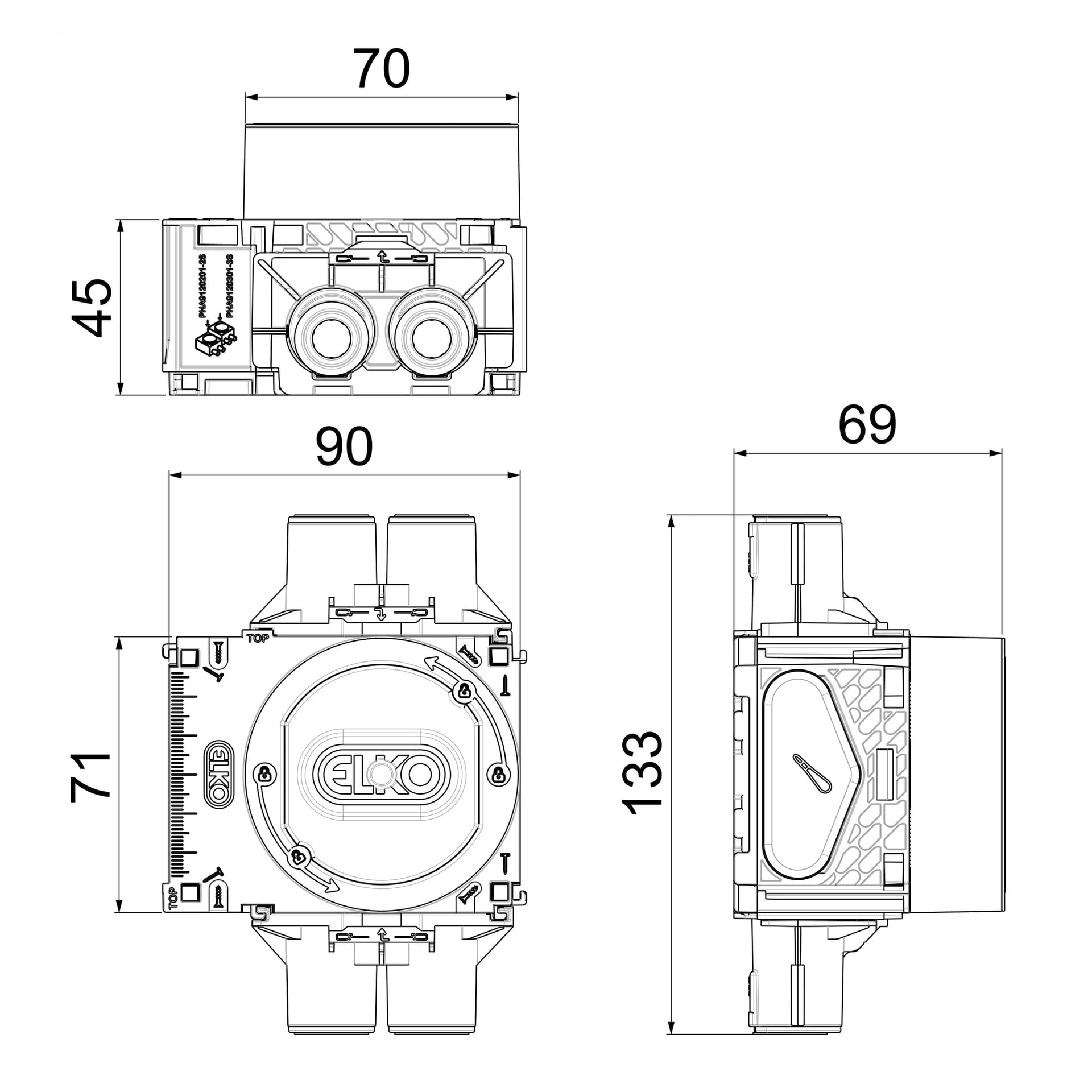 Teknisk illustrasjon av ELKO koblingsboks Flexi+ som viser tre annoterte visninger med mål: 70 x 45 mm, 90 x 71 mm og 69 x 133 mm. Diagrammene fremhever både interne og ytre strukturelle detaljer.