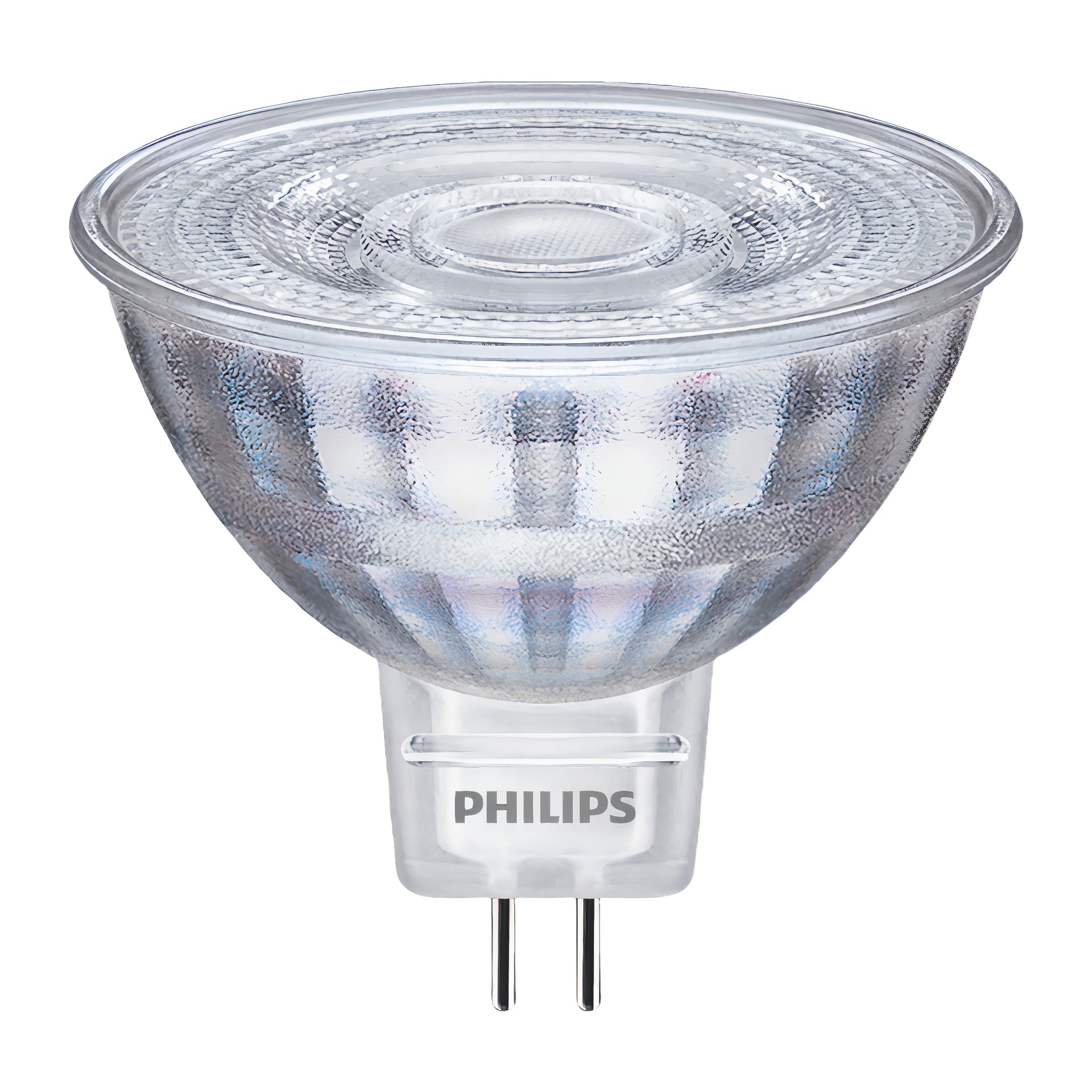 En Philips LED-reflektorlampa med ett transparent, fasetterat glaslock och två metallstift vid basen. Den vita basen visar Philips-logotypen.