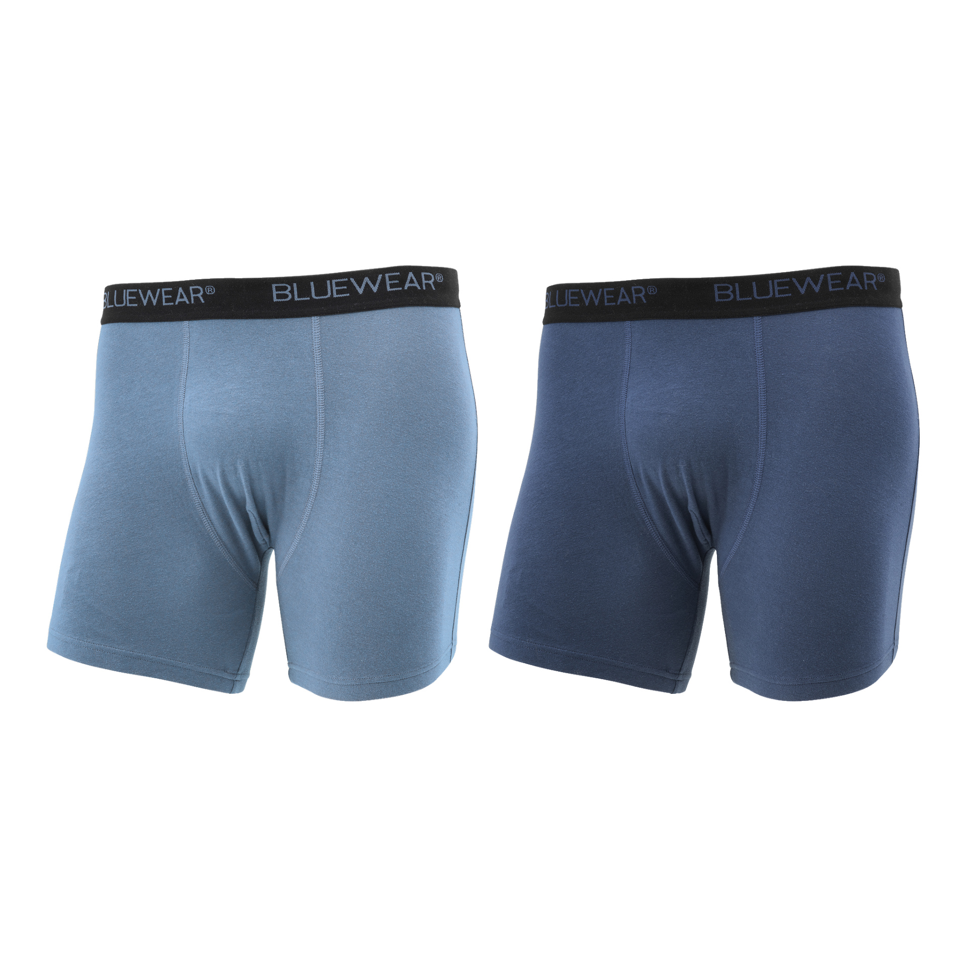 Två Bluewear Boxer-shorts visas sida vid sida, en i ljusblått och den andra i mörkblått. Båda har svarta elastiska midjeband med varumärket Bluewear i grått.