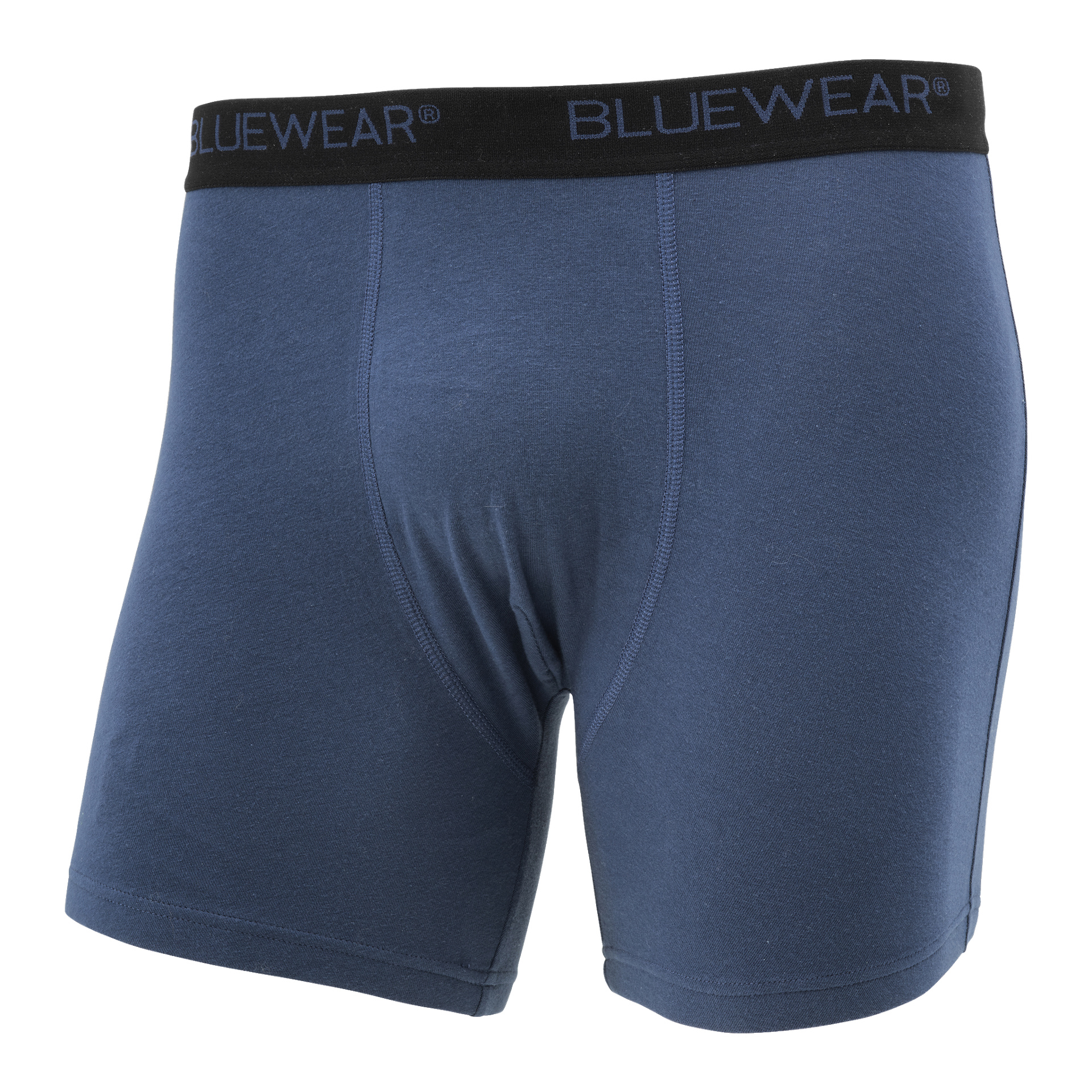 Blå herrboxershorts från Bluewear, designade med ett svart elastiskt midjeband med texten "BLUEWEAR" i blå bokstäver. Det släta tyget har synliga sömmar. Dessa boxershorts ingår i ett 2-pack.