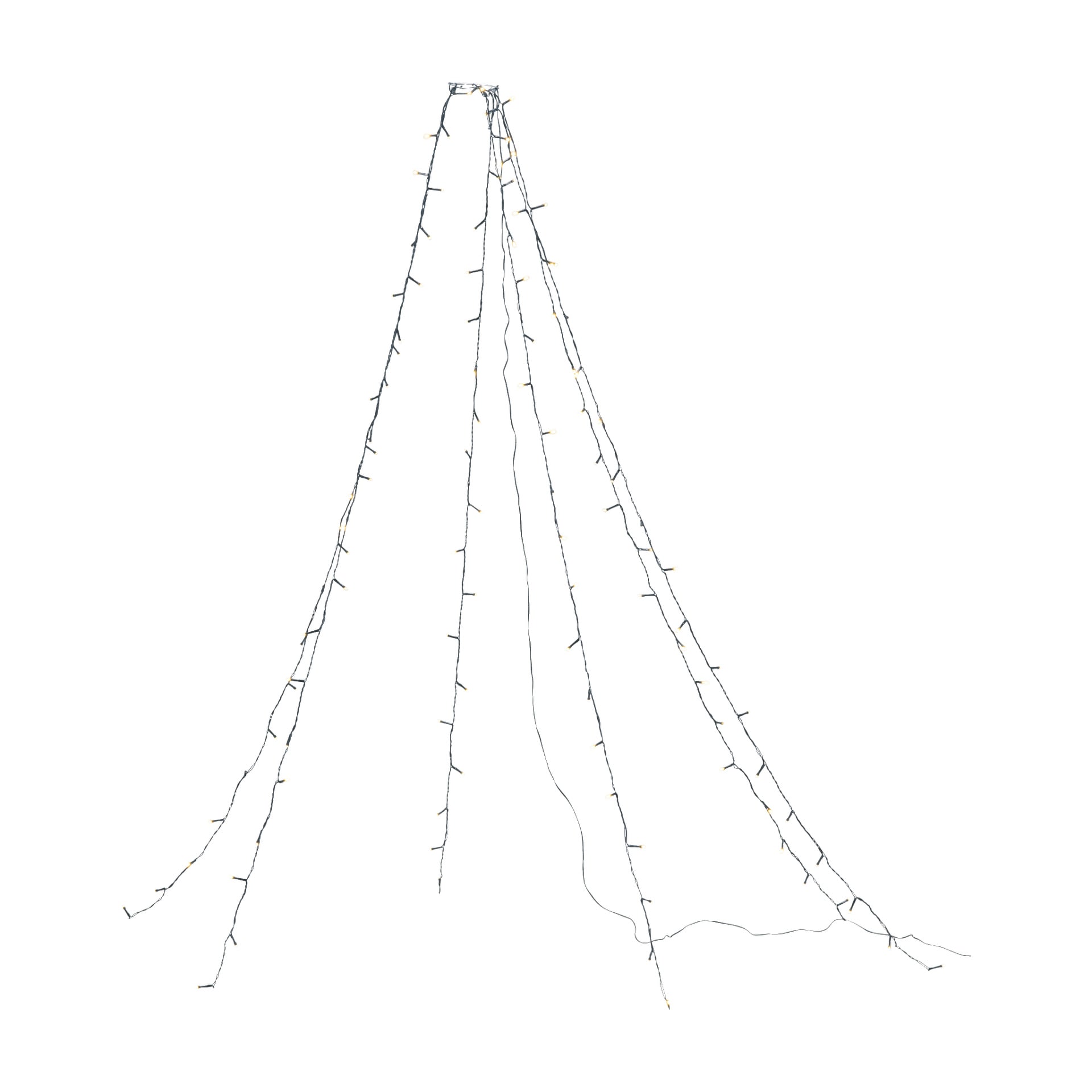 Fyra EKVIP LED-julgransljussträngar är sammanfogade upptill i en tipi-stil, som faller ner och sprider ut sig. En svart strömkabel ger elektricitet och syns på marken.