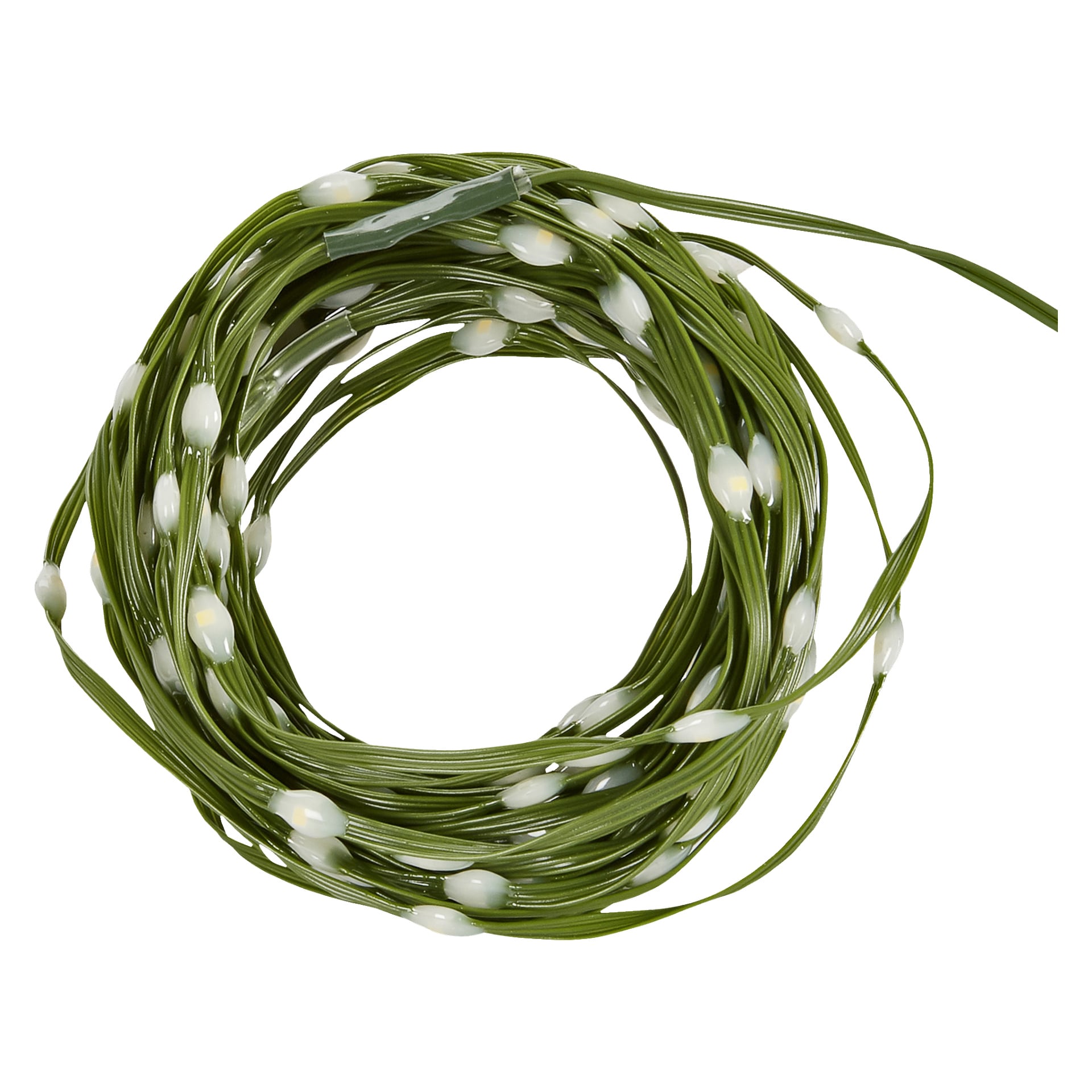 En löst spiralad grön EKVIP LED-ljusslinga med små vita glödlampor arrangerade i cirkulär form.