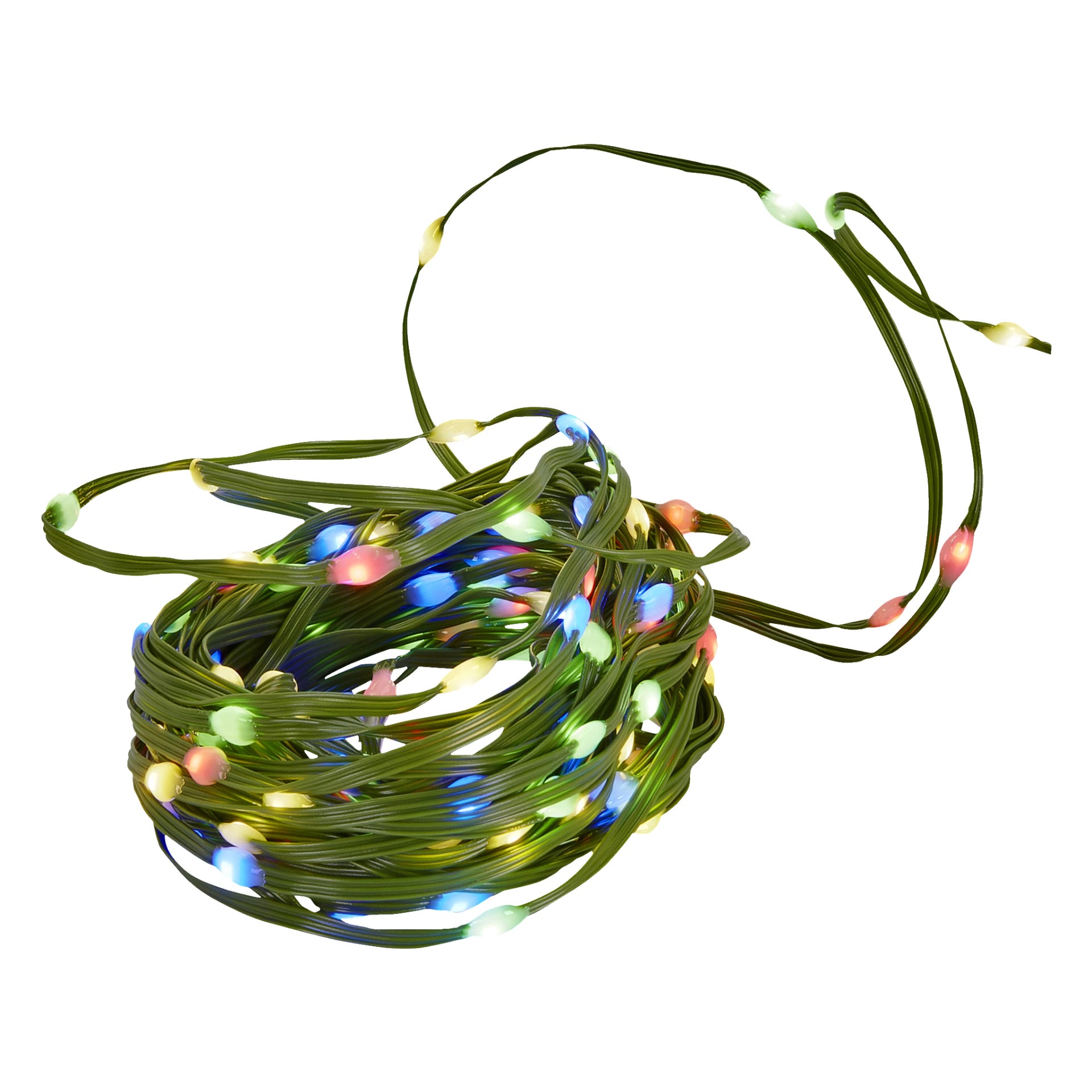 EKVIP LED-valosarja vihreällä johdotuksella sekä pienillä sinisillä, punaisilla, keltaisilla ja valkoisilla lampulla on esitetty löyhästi kierrettyinä ja osittain irrotettuina.