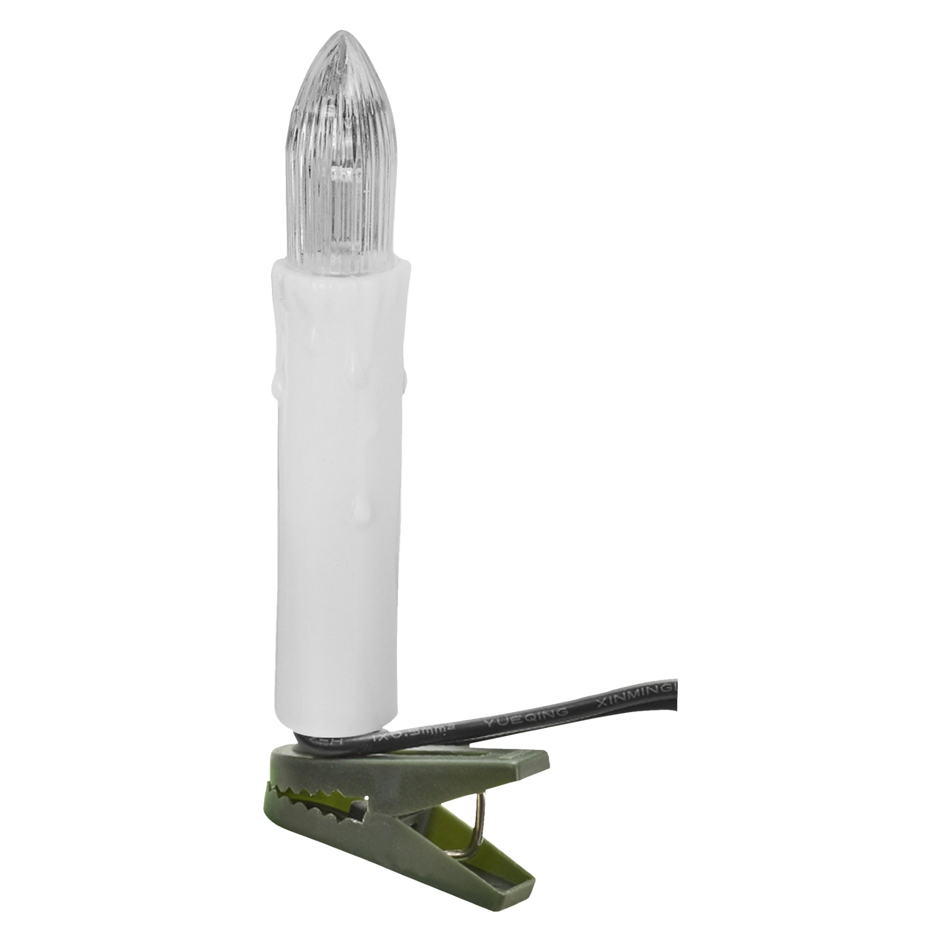 En vit LED-EKVIP-julgransbelysning, formad som ett ljus med en klar spets, är fäst i en grön metallklämma med en svart elkabel fäst.