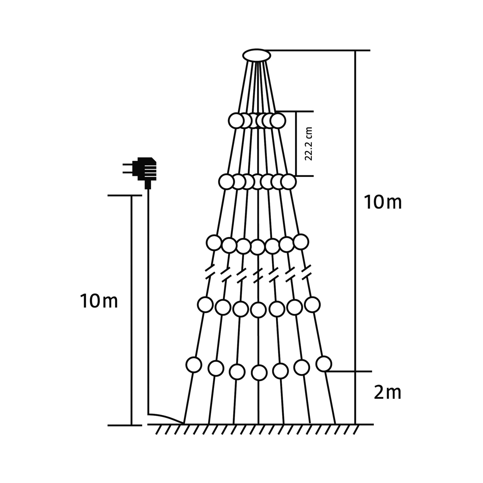 Illustration av EKVIP Flagpole LED-ljusset, som visar en 10 meter hög konformad struktur gjord av horisontella ringar med globljus, 2 meter bred vid basen. Den står bredvid en vertikal stolpe av samma höjd med en elektrisk kontaktikon.