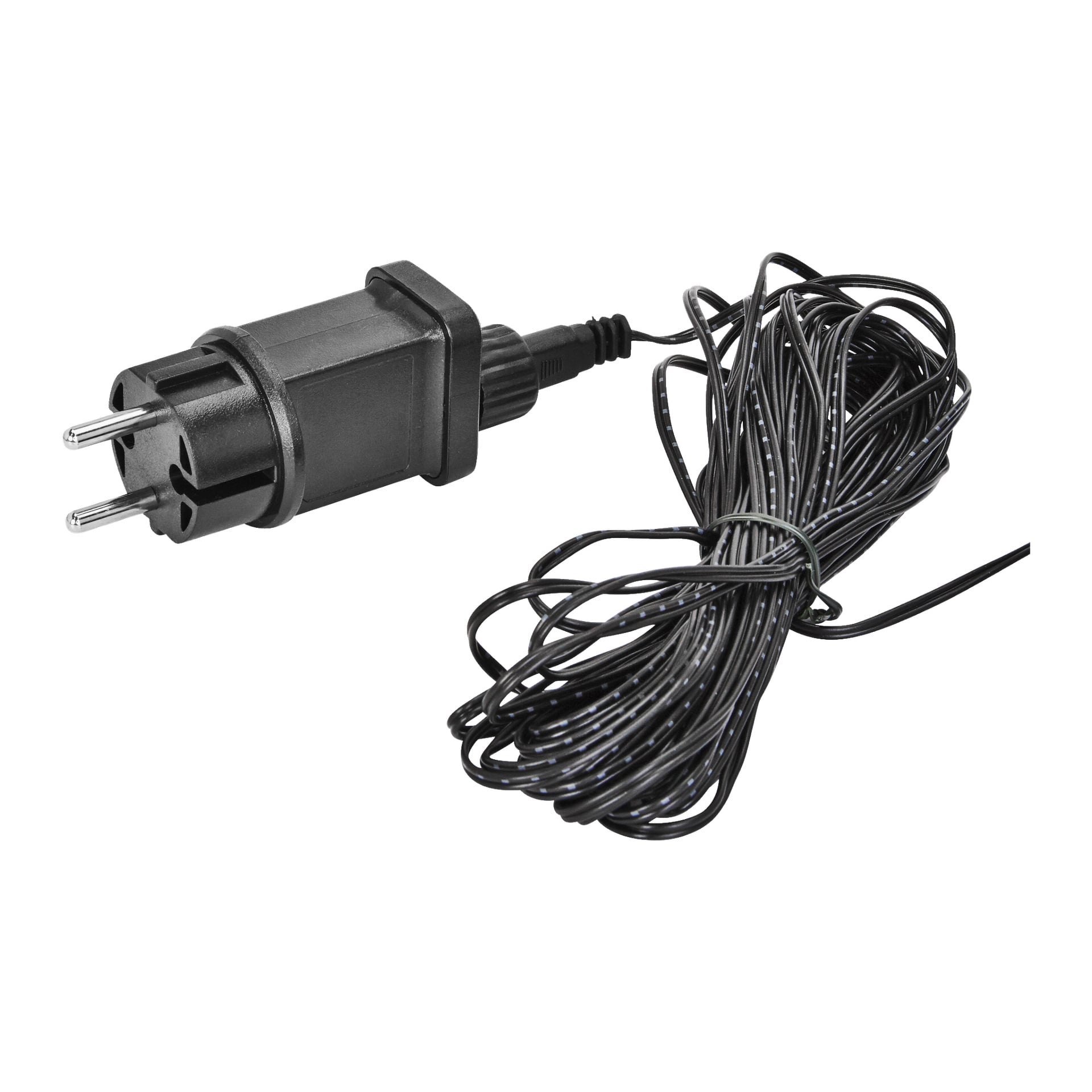 Eine Fahnenstangen-LED-Lichtkette von EKVIP, mit einem schwarzen europäischen zweipoligen Stromstecker, der an einem langen, gewickelten schwarzen Kabel befestigt ist.