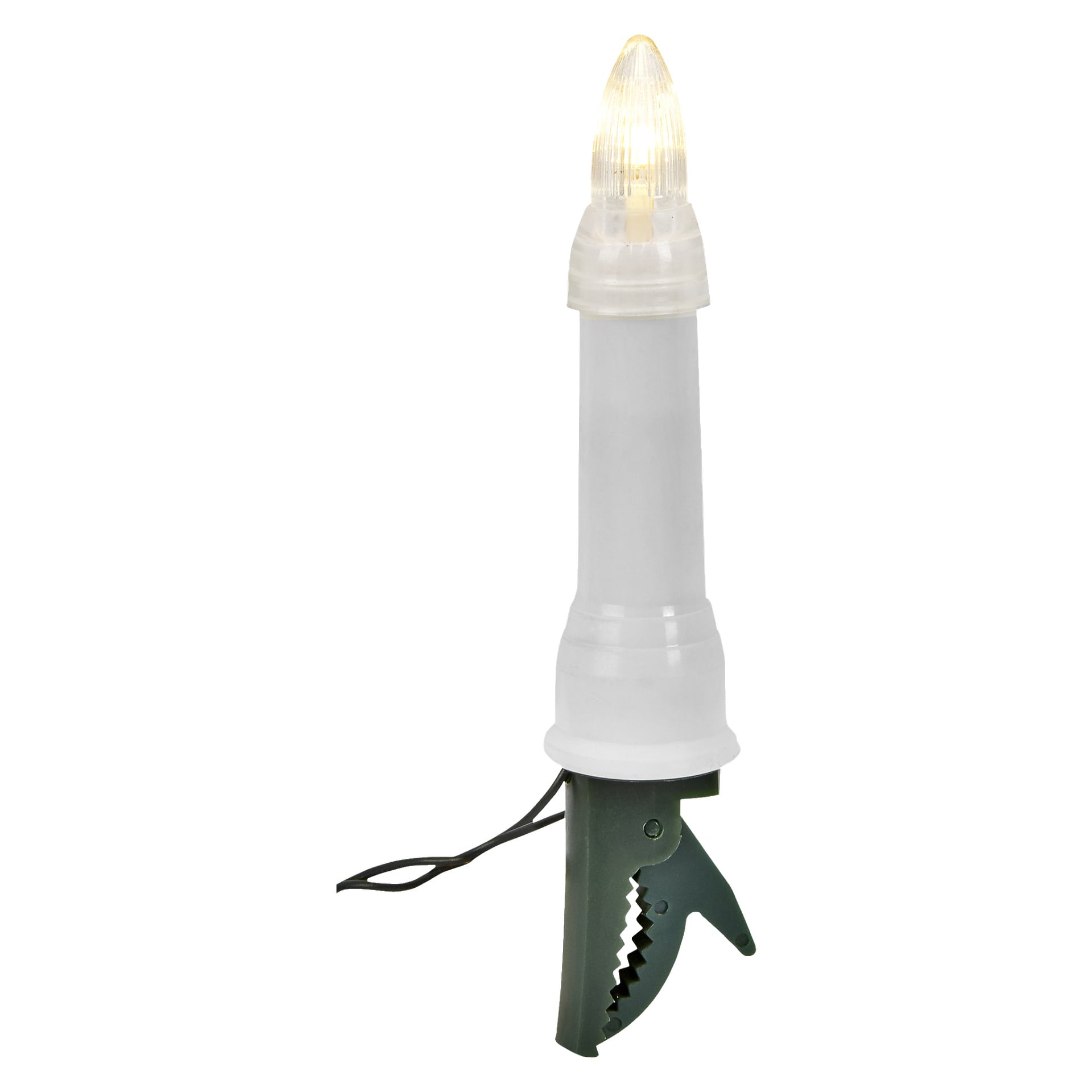 Ett EKVIP-julgransljus designat som ett vitt ljus med en klar glödlampa i spetsen, säkrat med en grön plastklämma och kopplat till en svart sladd från basen.
