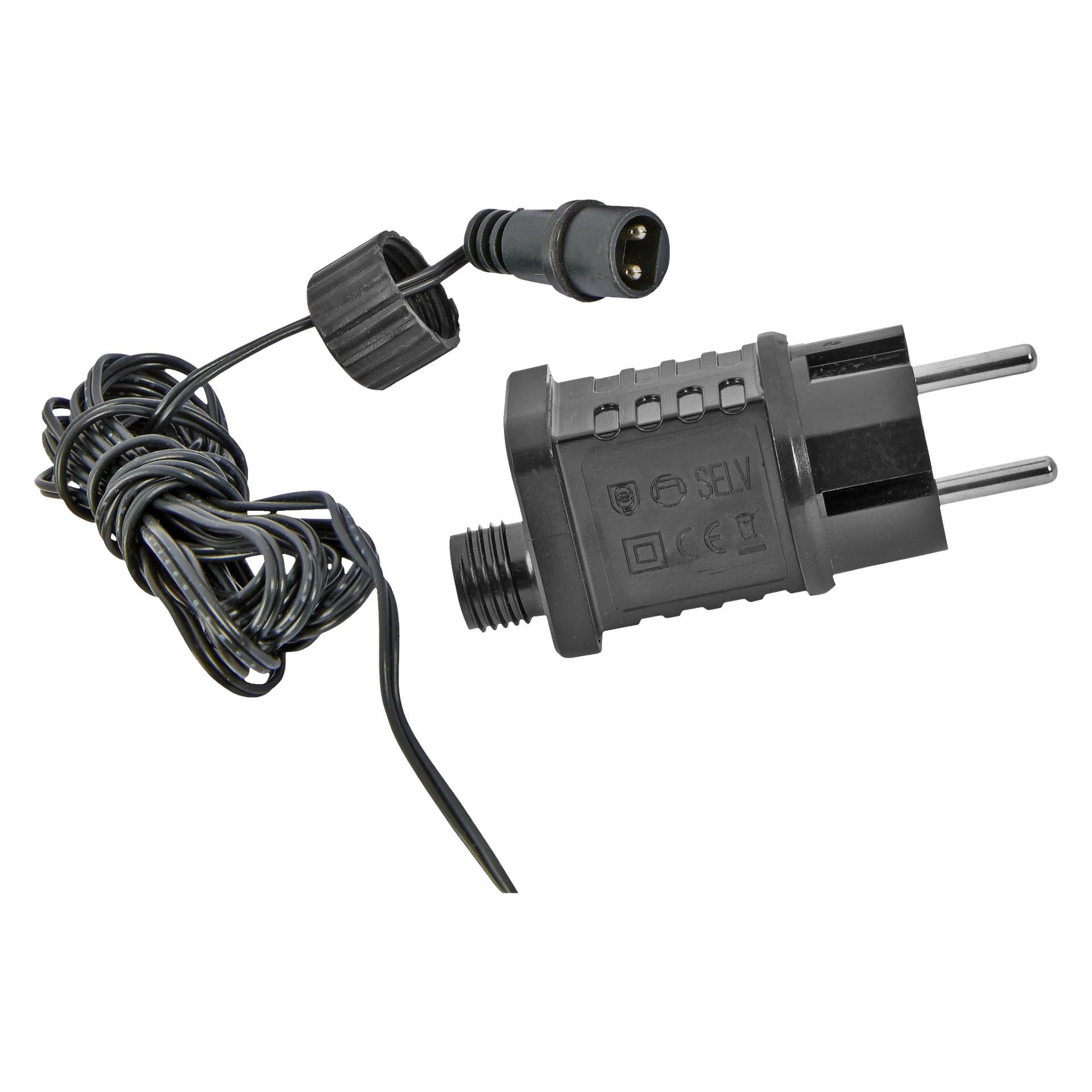 En svart EKVAP-adapter för julgransbelysning med ett europeiskt kontaktuttag, en förlängd ansluten kabel och en rund kontaktspets. Sidan av adapterhöljet visar olika symboler och tryckt text.