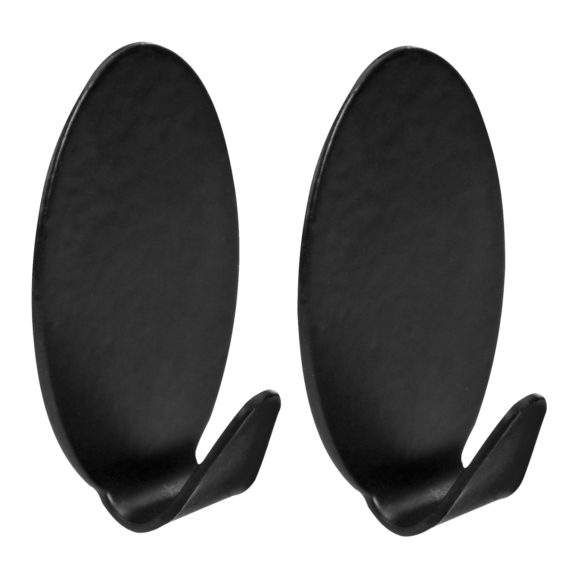 Ein Paar identischer schwarzer ovaler Wandhaken aus dem Hard Head Hooks 2-Pack, jeder mit einer schlanken, minimalistischen Form und einem einzelnen Haken, der an der Basis nach oben gebogen ist. Die beiden Haken sind nebeneinander positioniert.
