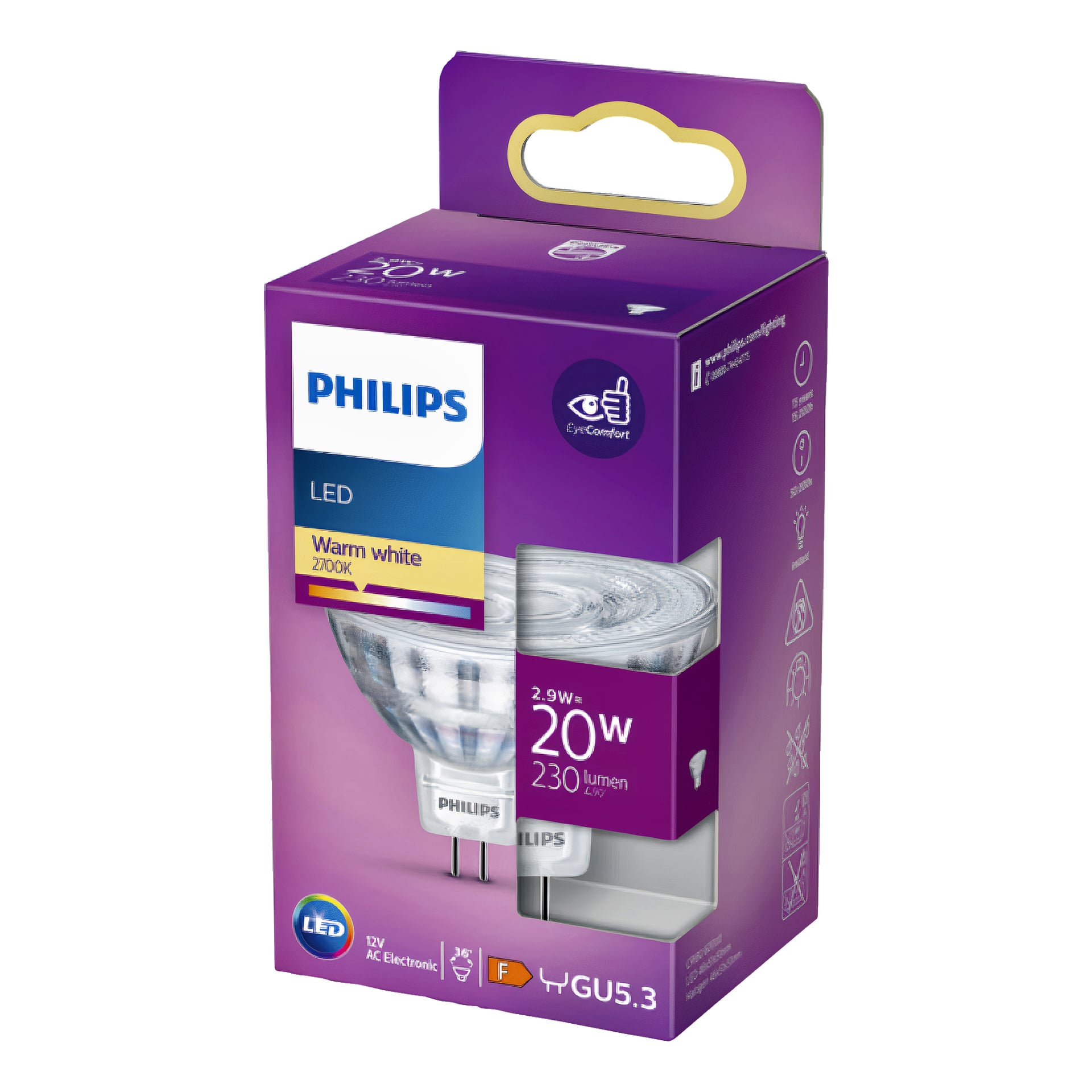 En lila och vit Philips LED-reflektorlåda märkt Warm white 2700K, med specifikationer som 2,9W motsvarar 20W, 230 lumen, GU5,3 bas, med bilder på lampan och olika produktikoner.