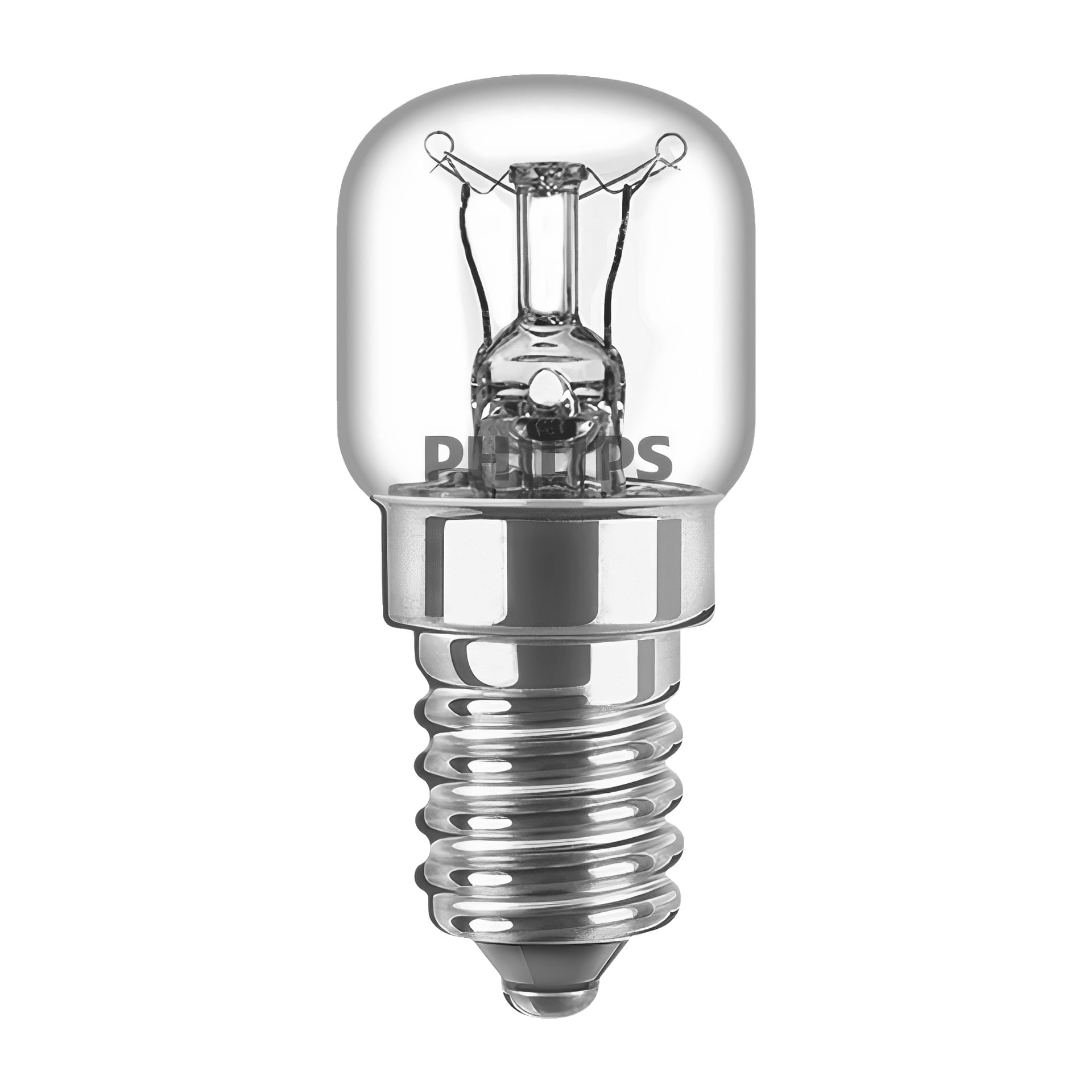 En närbild på en transparent Philips Oven-lampa, som visar metallskruvbasen och den inre glödtråden.