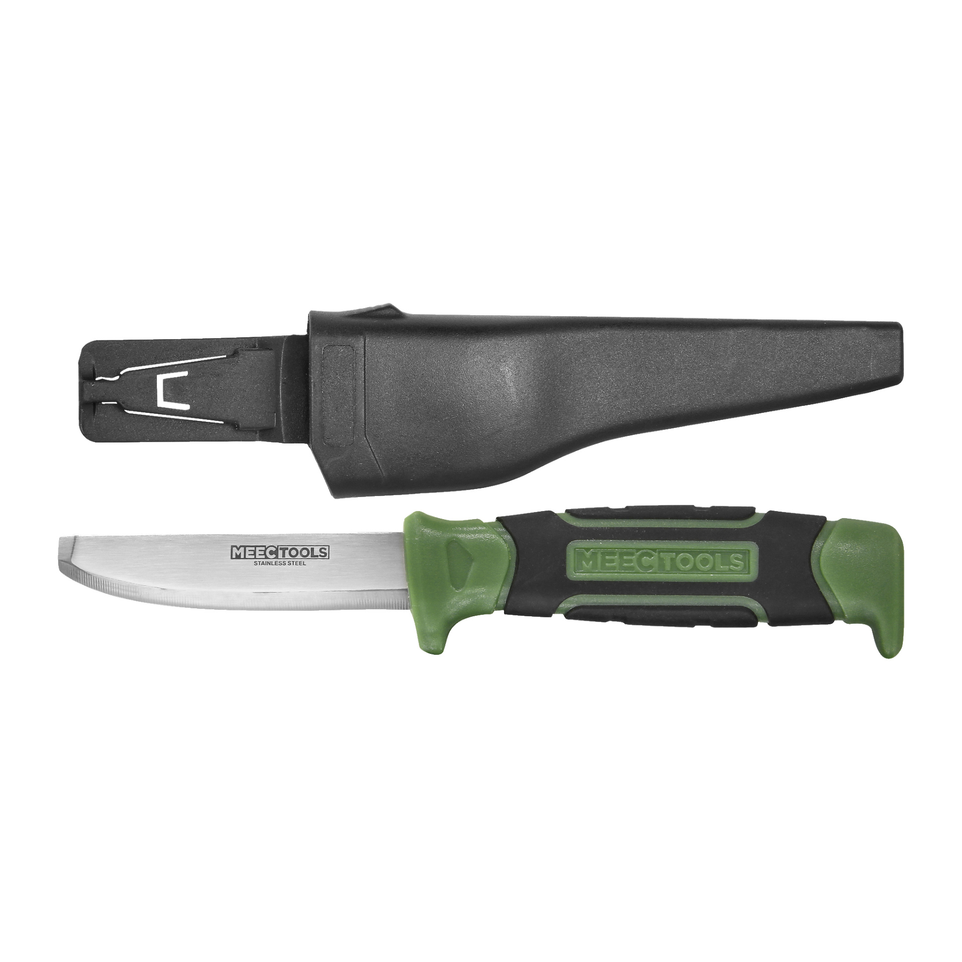 En säkerhetskniv från Meec Tools med ett blad i rostfritt stål och ett grönt och svart handtag placeras bredvid dess svarta plasthölje.